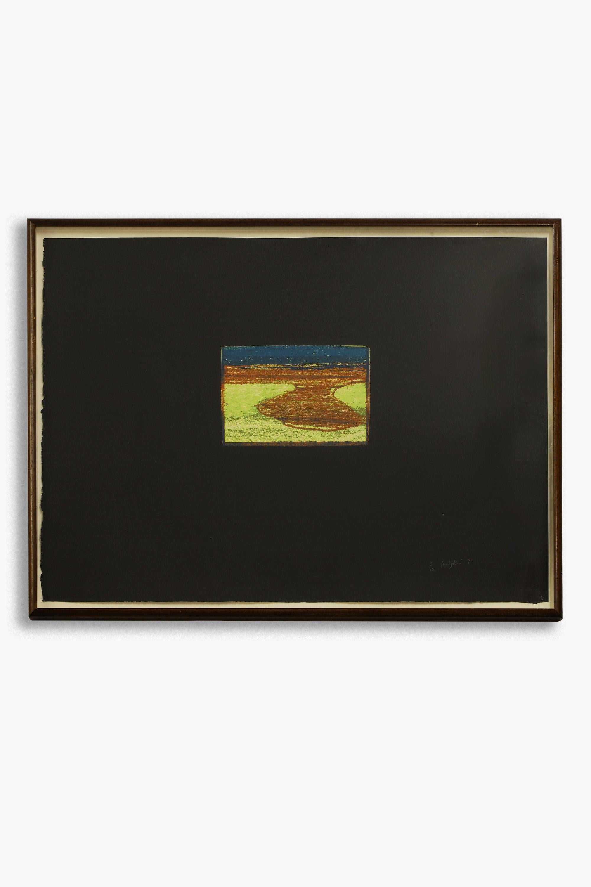 Una serigrafía original de Vistas de la India, un conjunto de doce serigrafías inspiradas en vistas arrebatadas del paisaje indio desde las ventanillas de los trenes.

En lugar de registrar los detalles de cada lugar que pasa rápidamente, Hodgkin