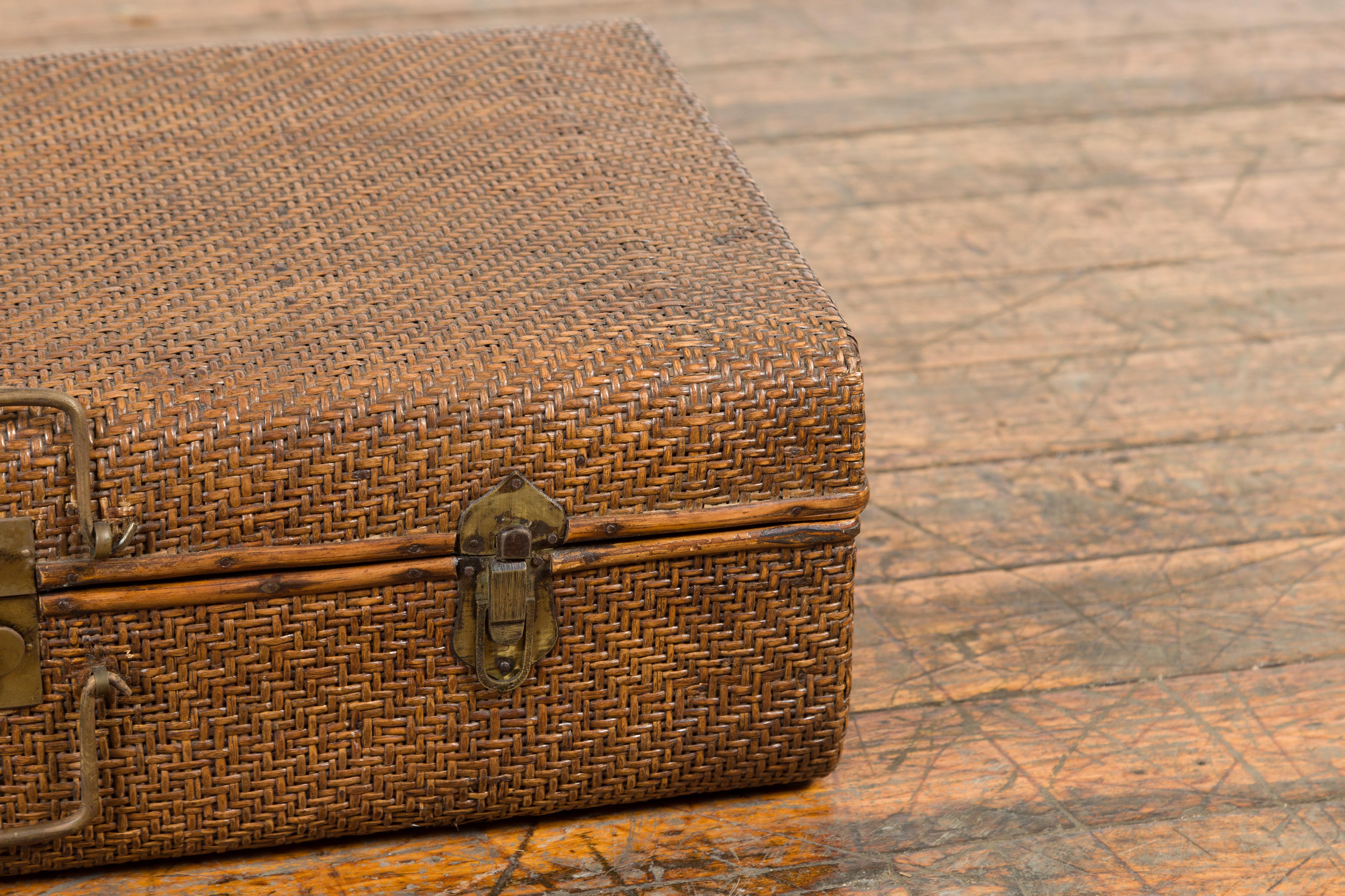 20th Century Indian Vintage Bamboo and Woven Rattan Suitcase with Brass Hardware For Sale