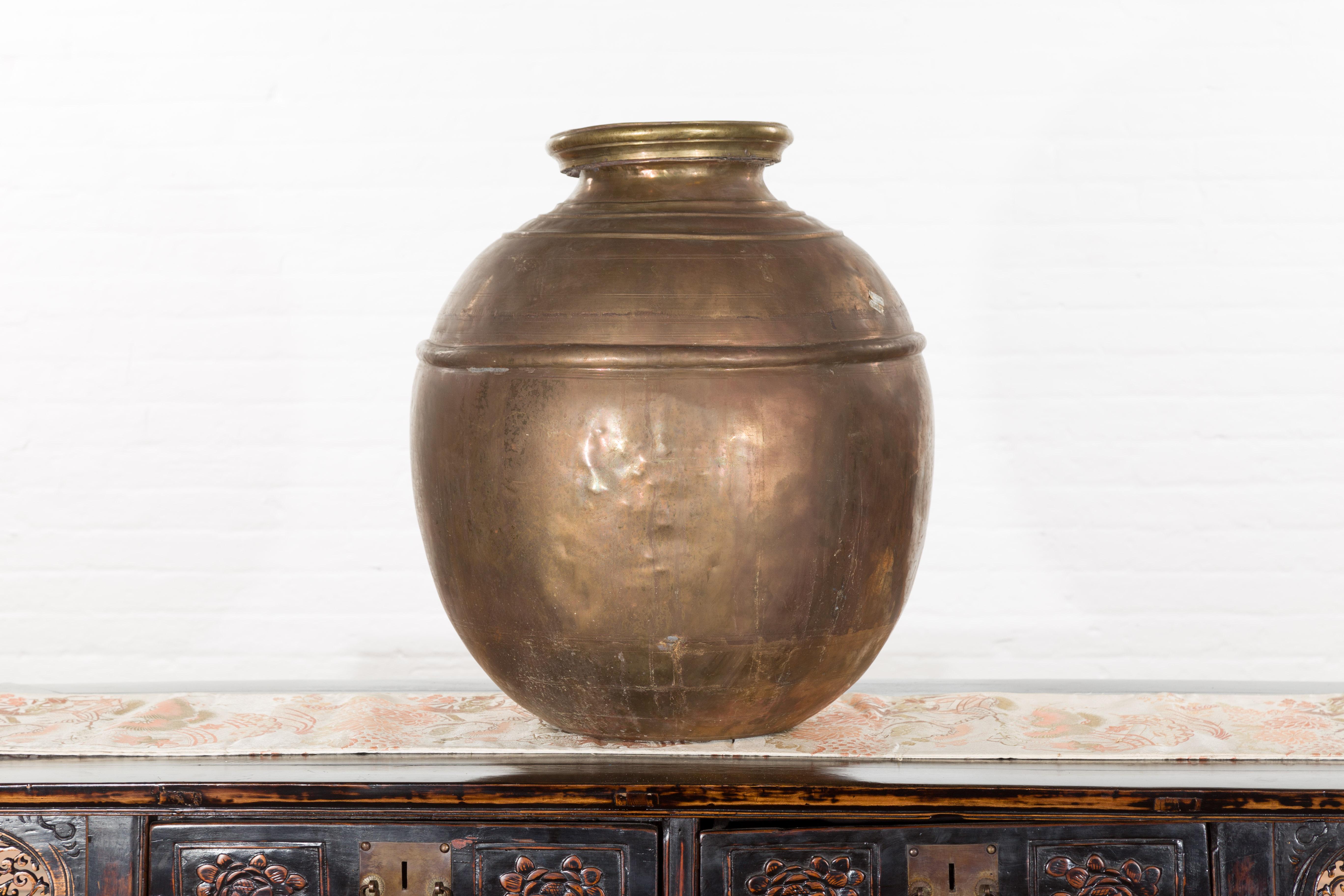 Indian Vintage Brass Water Jar with Concentric Rings and Distressed Appearance 8