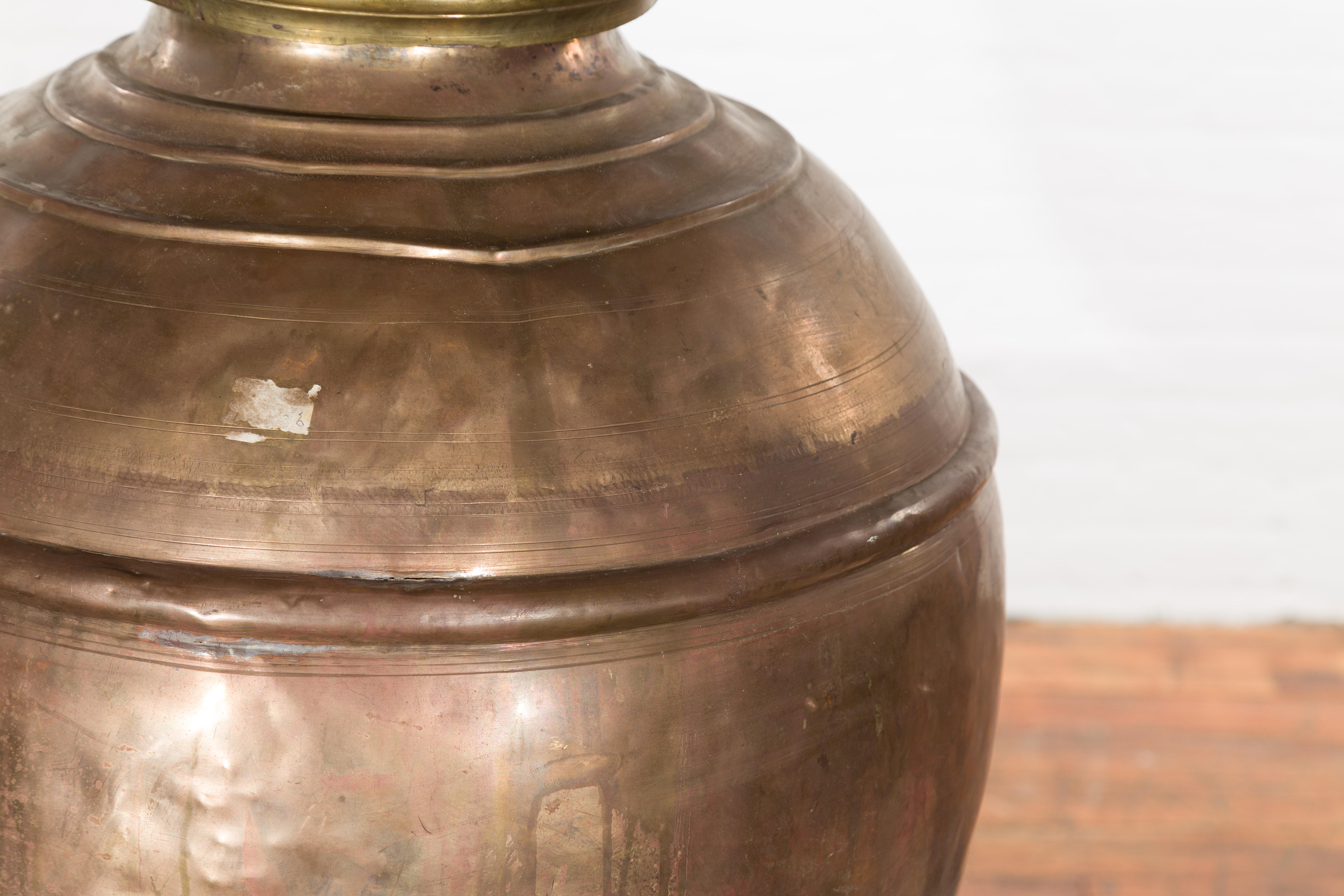 Indian Vintage Brass Water Jar with Concentric Rings and Distressed Appearance 5