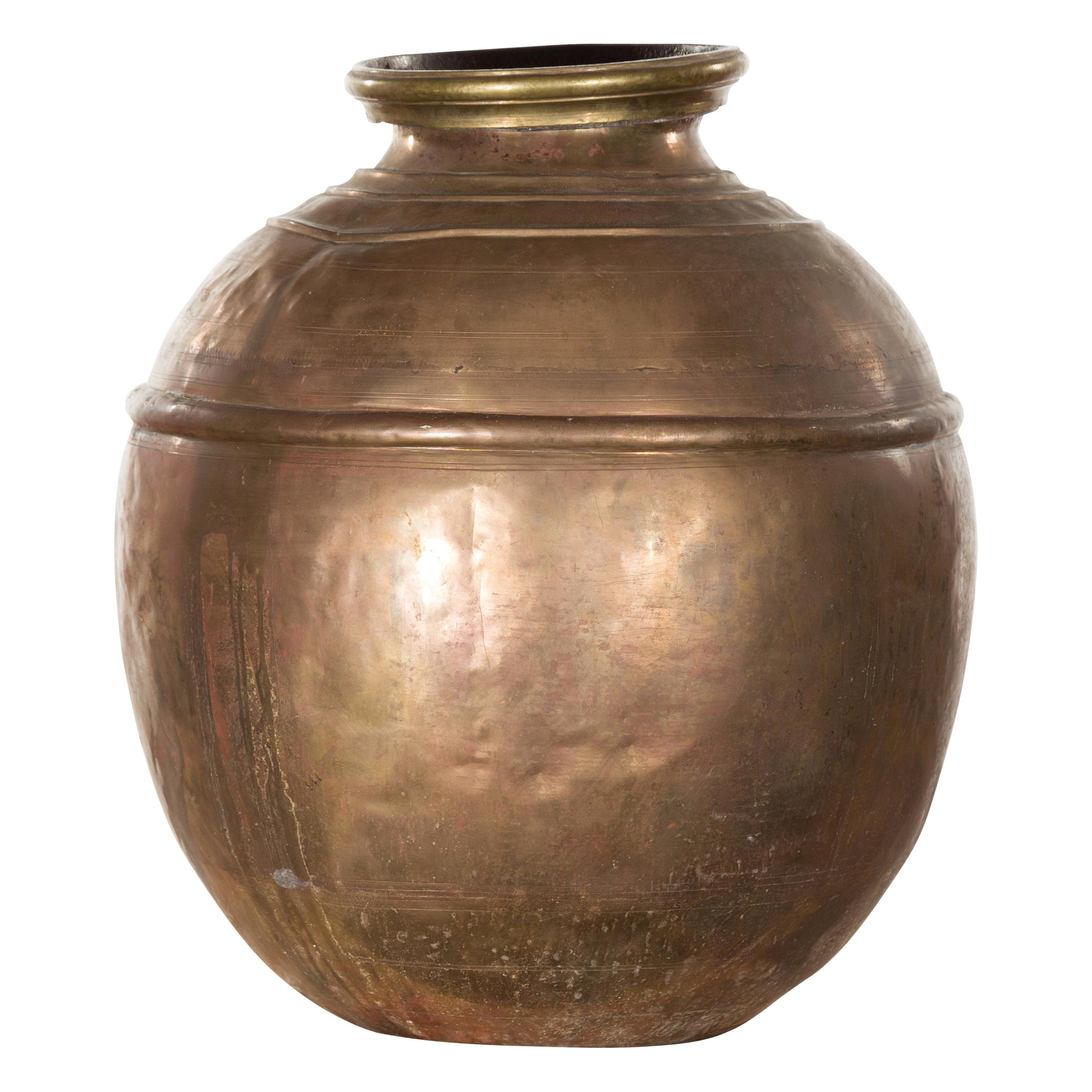 Indian Vintage Brass Water Jar with Concentric Rings and Distressed Appearance
