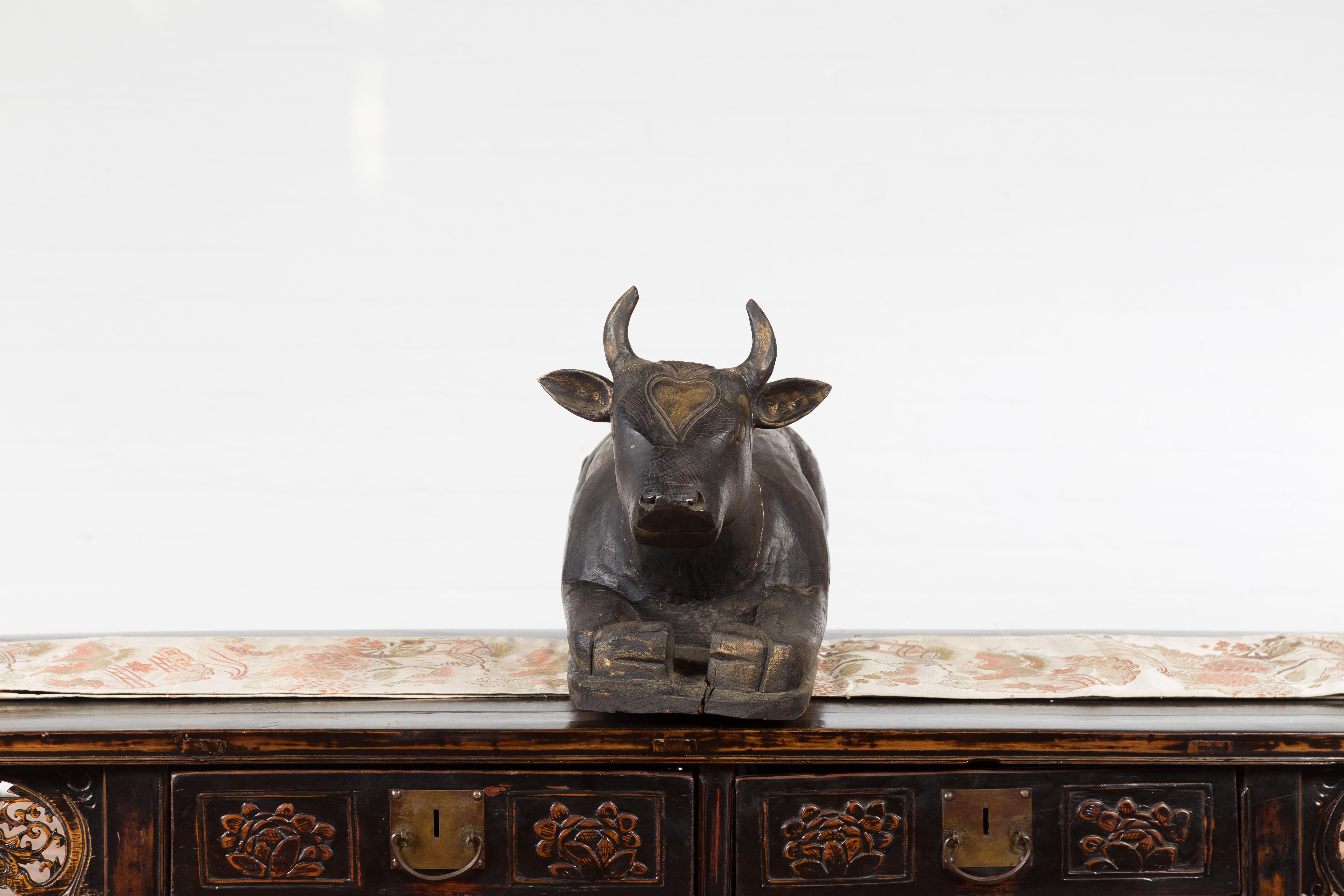 20th Century Indian Vintage Carved Wooden Bull Sculpture Depicting Guardian Deity Nandi For Sale