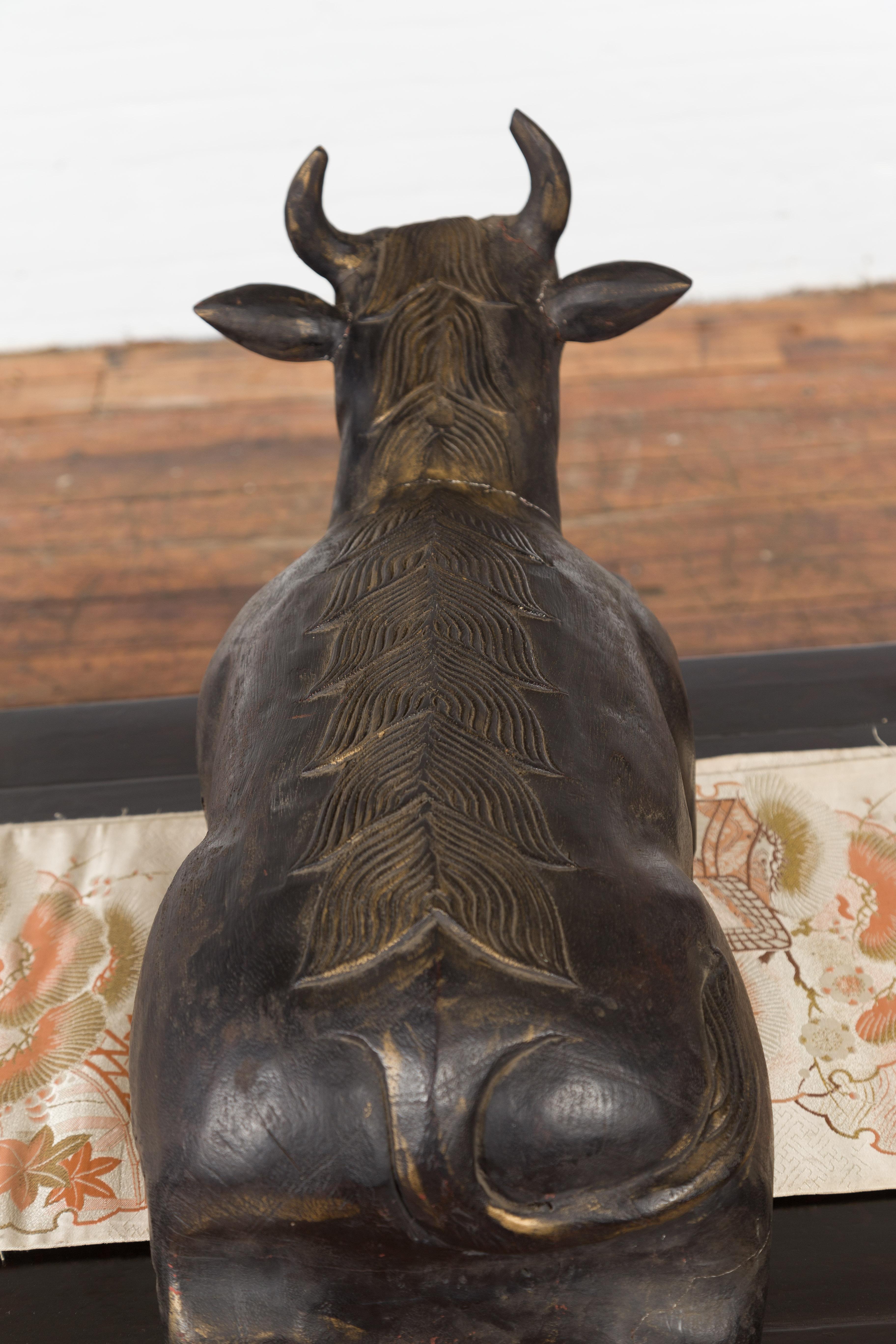 Indian Vintage Carved Wooden Bull Sculpture Depicting Guardian Deity Nandi For Sale 3