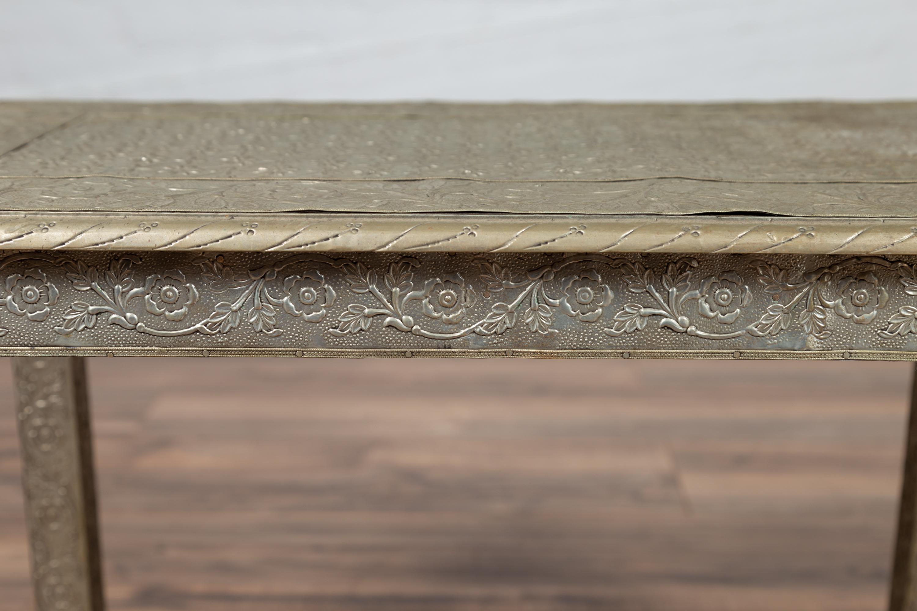 Indian Vintage Hand-Tooled Sheet Metal Coffee Table with Silver Overlay For Sale 3