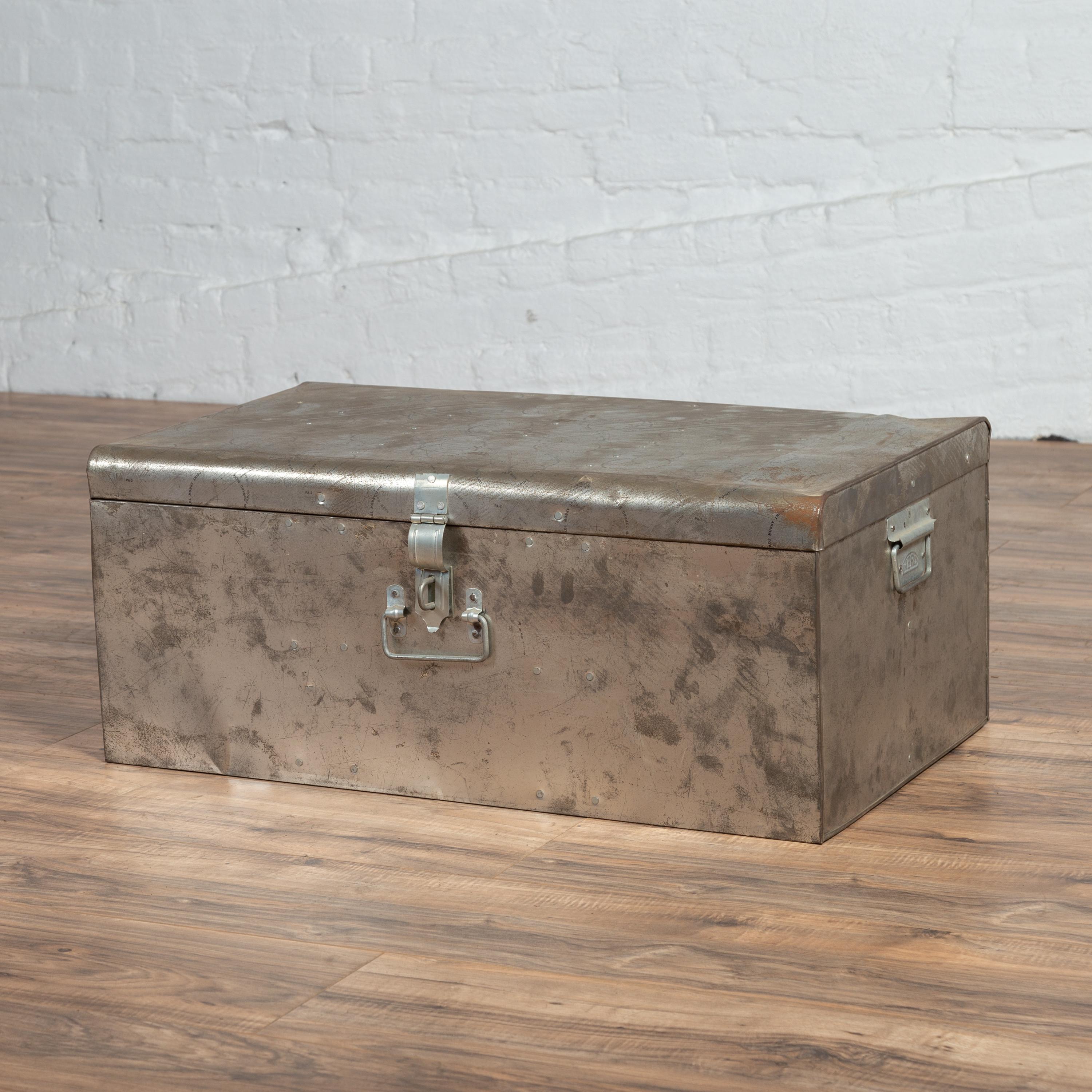 Indian Vintage Metal Tool Box with Distressed Silver Colored Finish and Handles 2