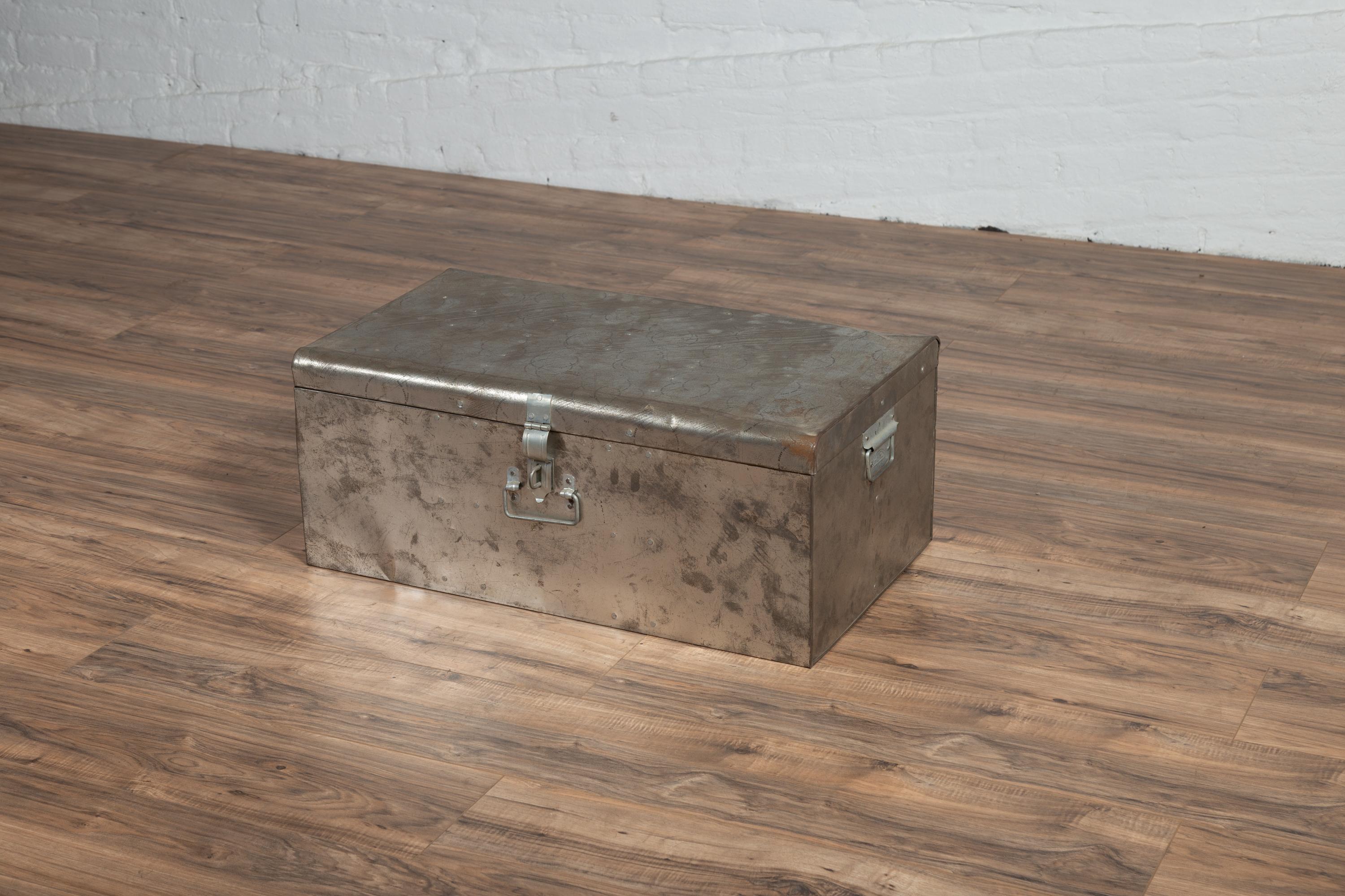 Indian Vintage Metal Tool Box with Distressed Silver Colored Finish and Handles 1