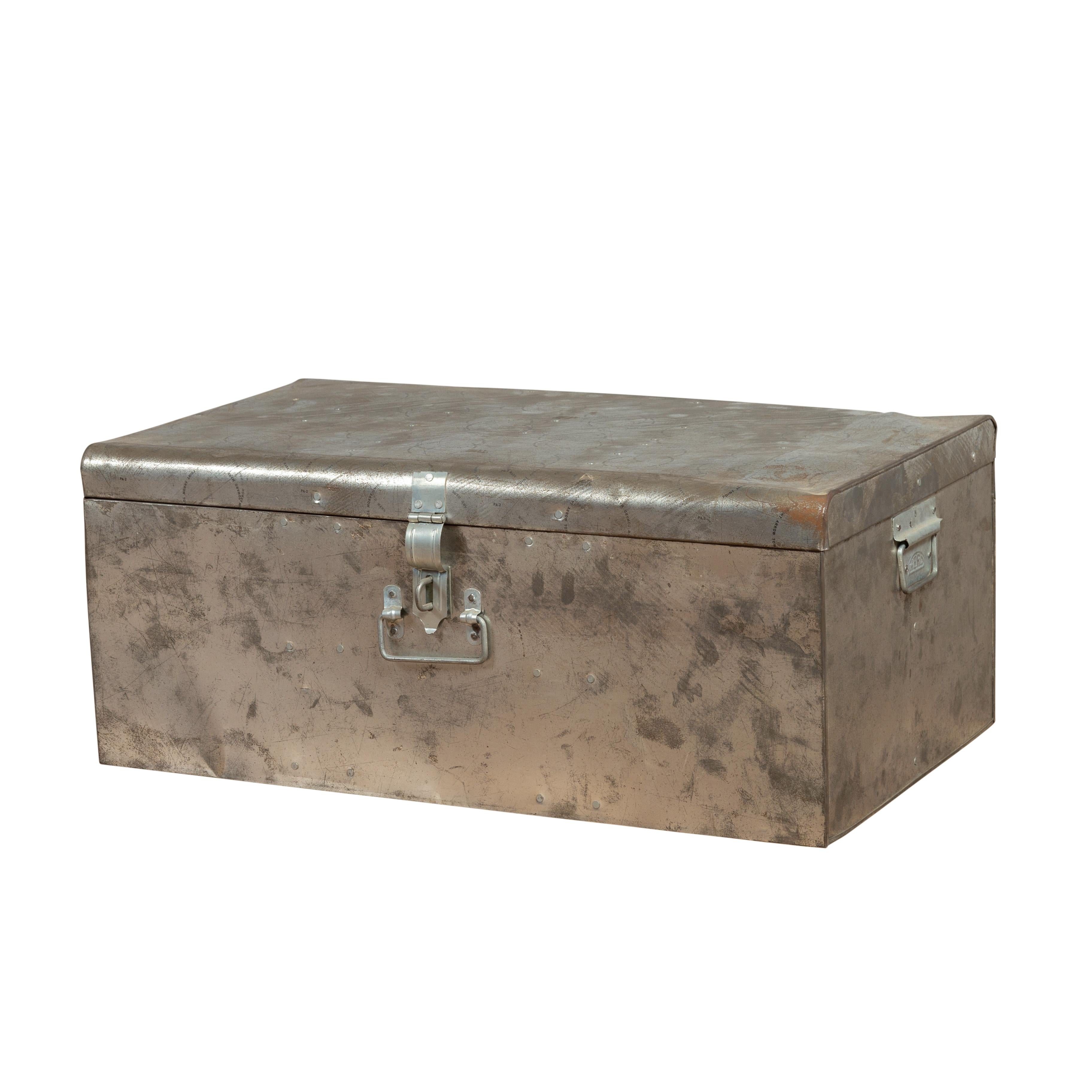 Indian Vintage Metal Tool Box with Distressed Silver Colored Finish and Handles