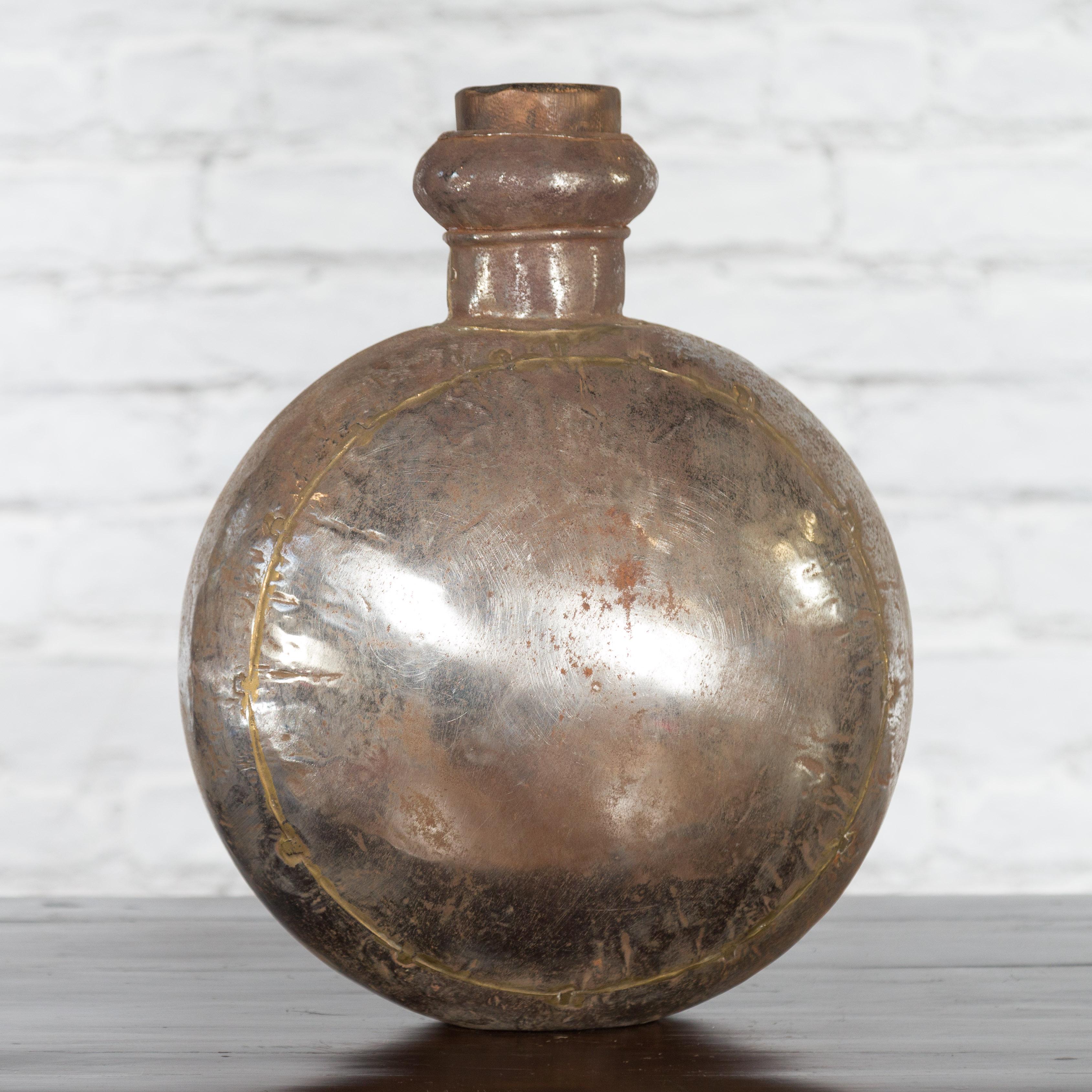 Indian Vintage Metal Water Vase with Cork Style Top and Circular Body For Sale 5