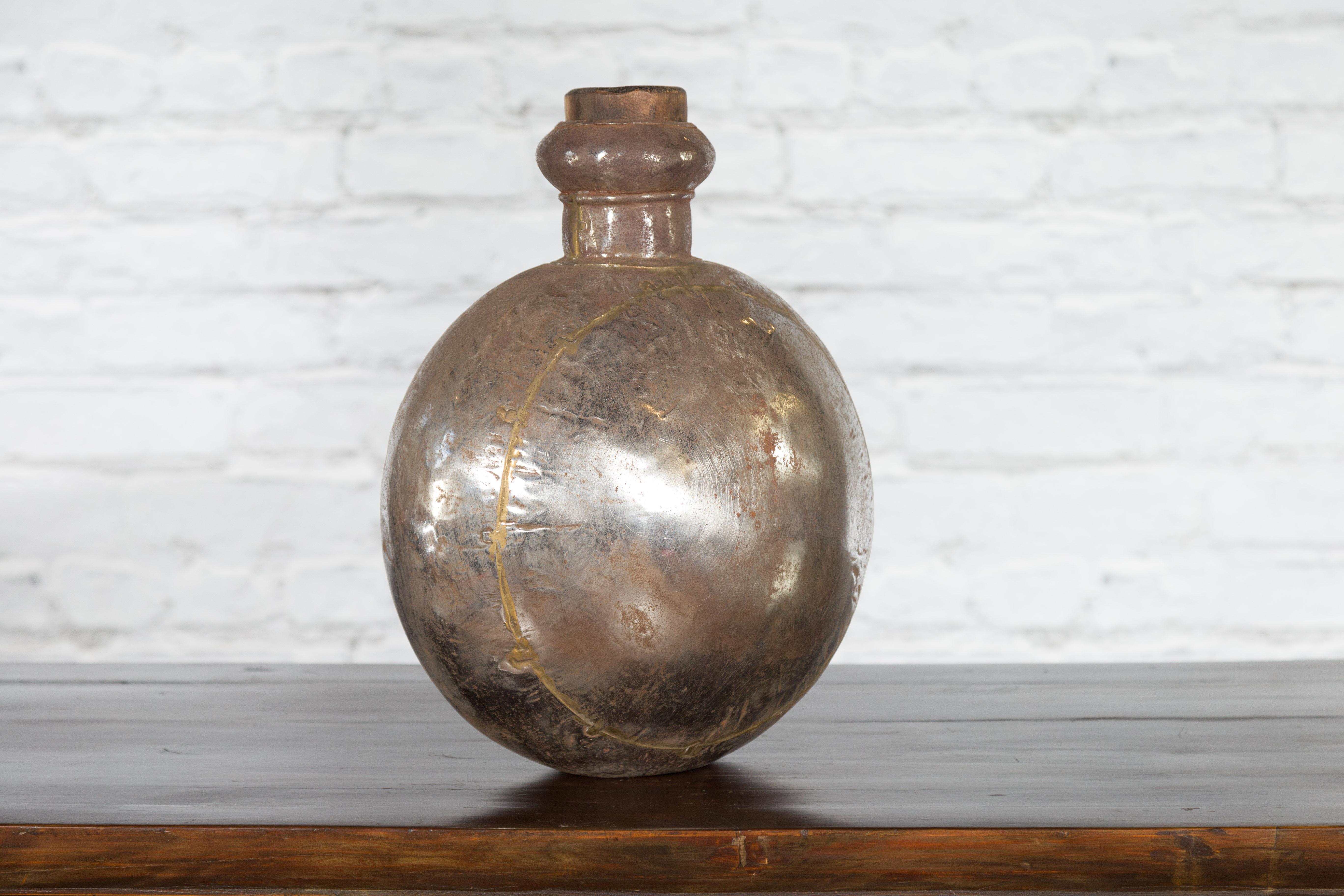 Indian Vintage Metal Water Vase with Cork Style Top and Circular Body For Sale 6