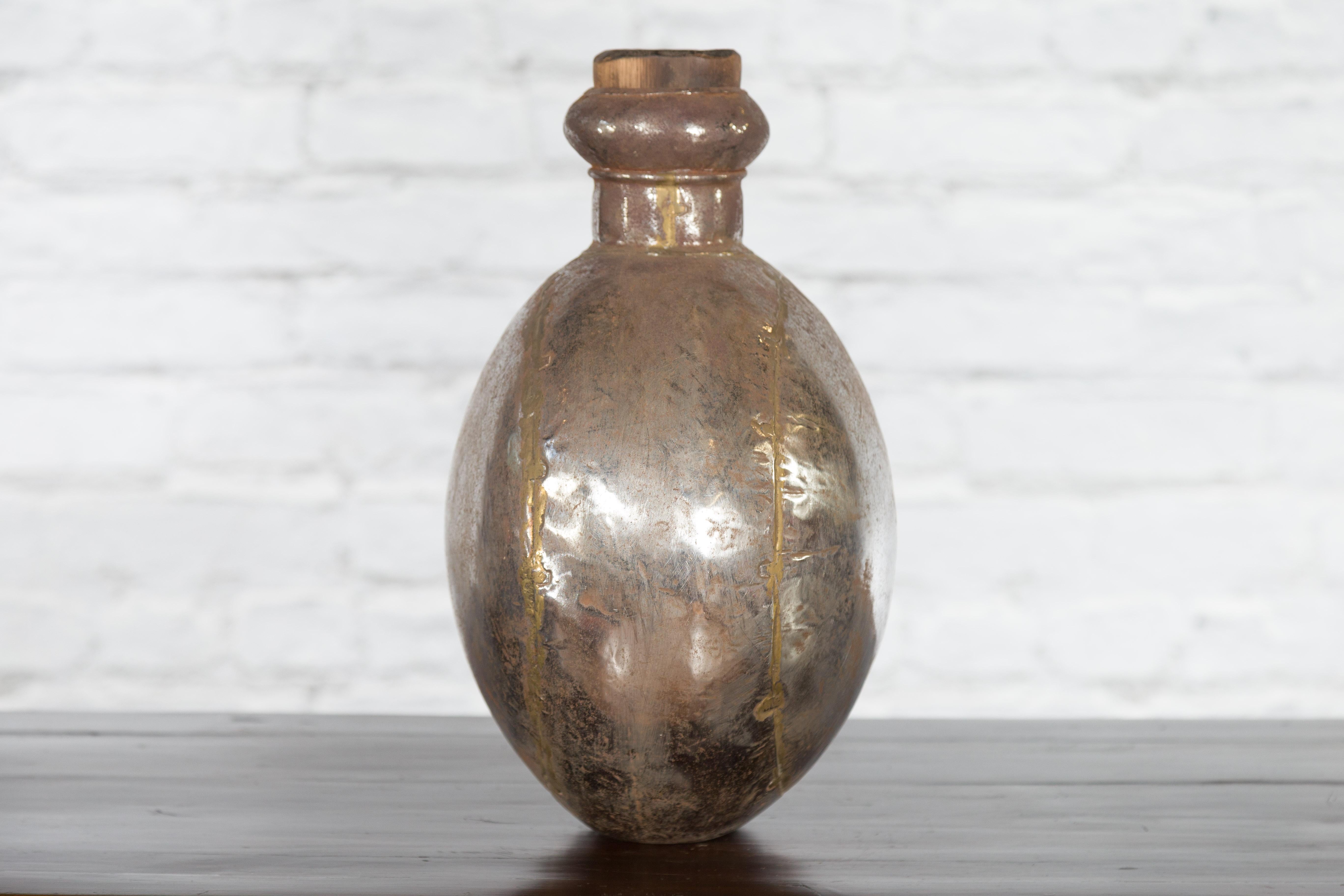 Indian Vintage Metal Water Vase with Cork Style Top and Circular Body For Sale 7