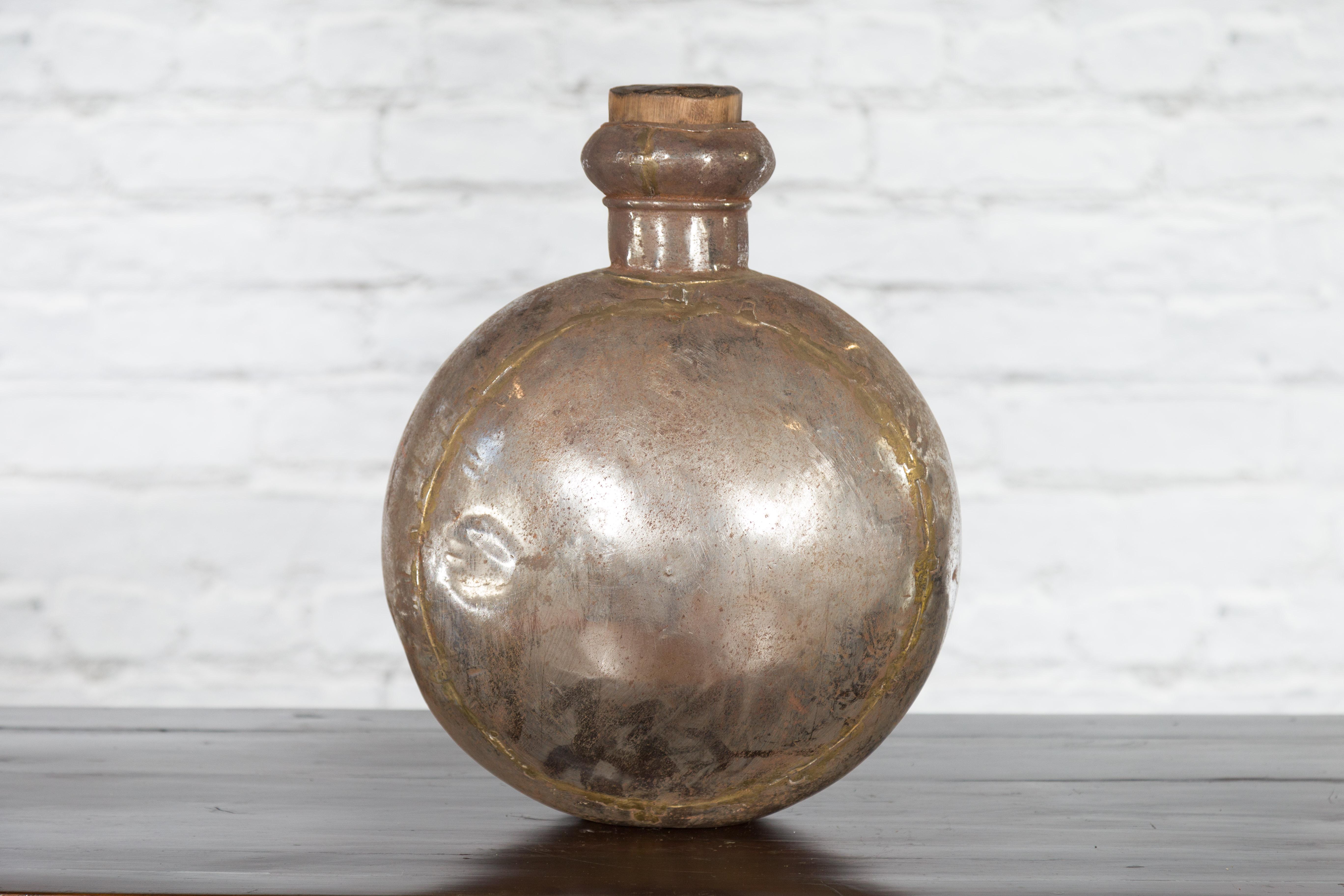 Indian Vintage Metal Water Vase with Cork Style Top and Circular Body In Good Condition For Sale In Yonkers, NY