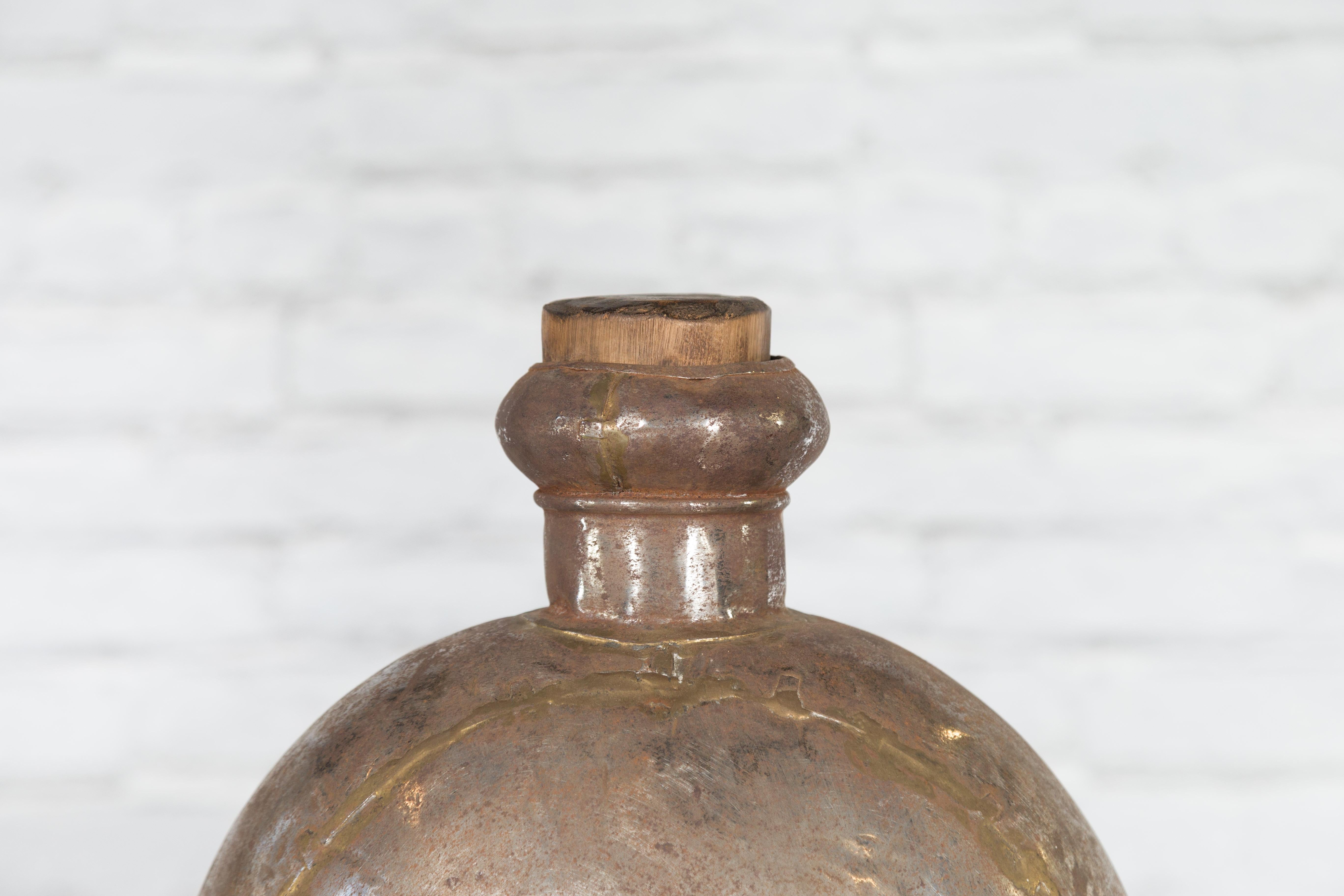 20th Century Indian Vintage Metal Water Vase with Cork Style Top and Circular Body For Sale