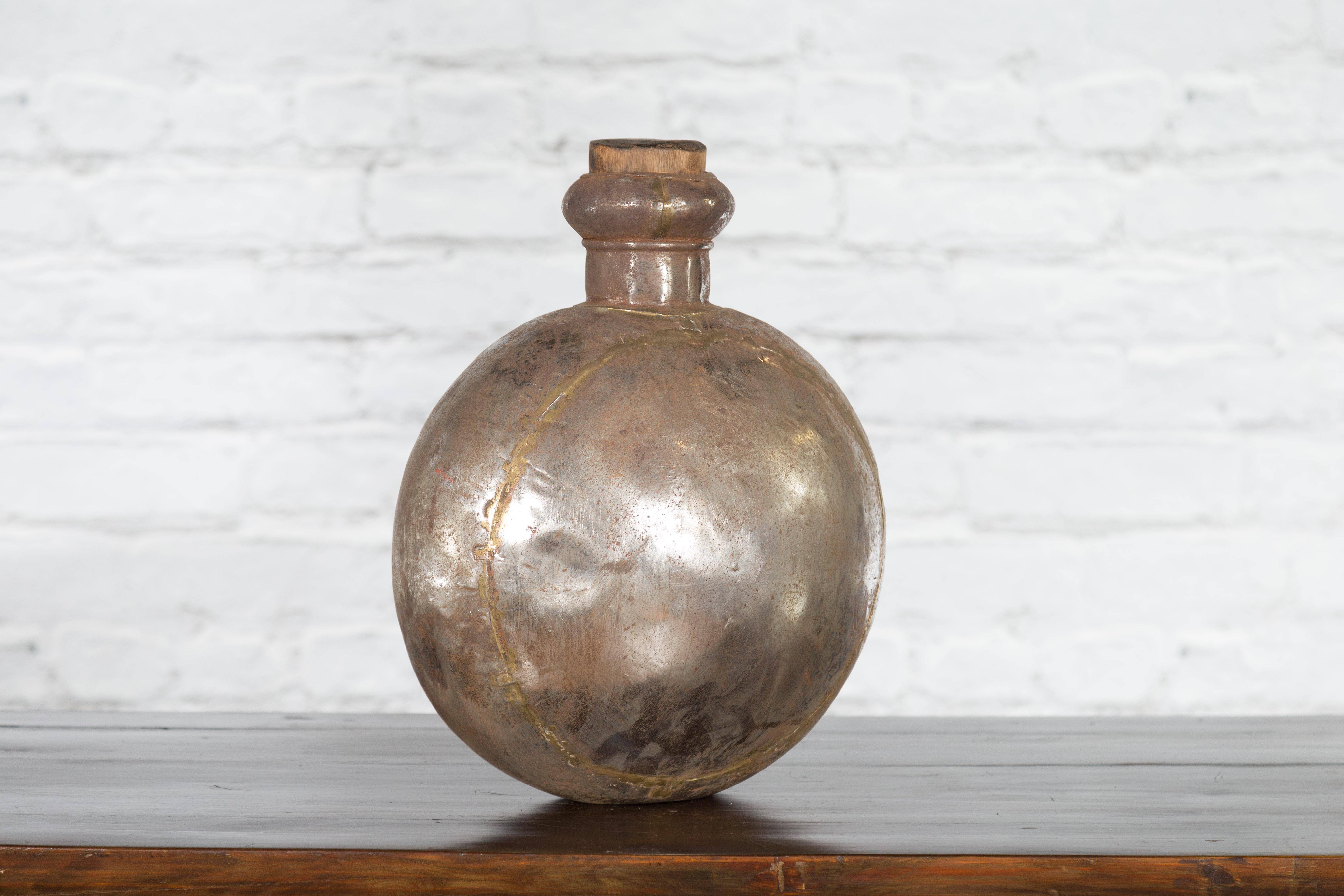 Indian Vintage Metal Water Vase with Cork Style Top and Circular Body For Sale 2
