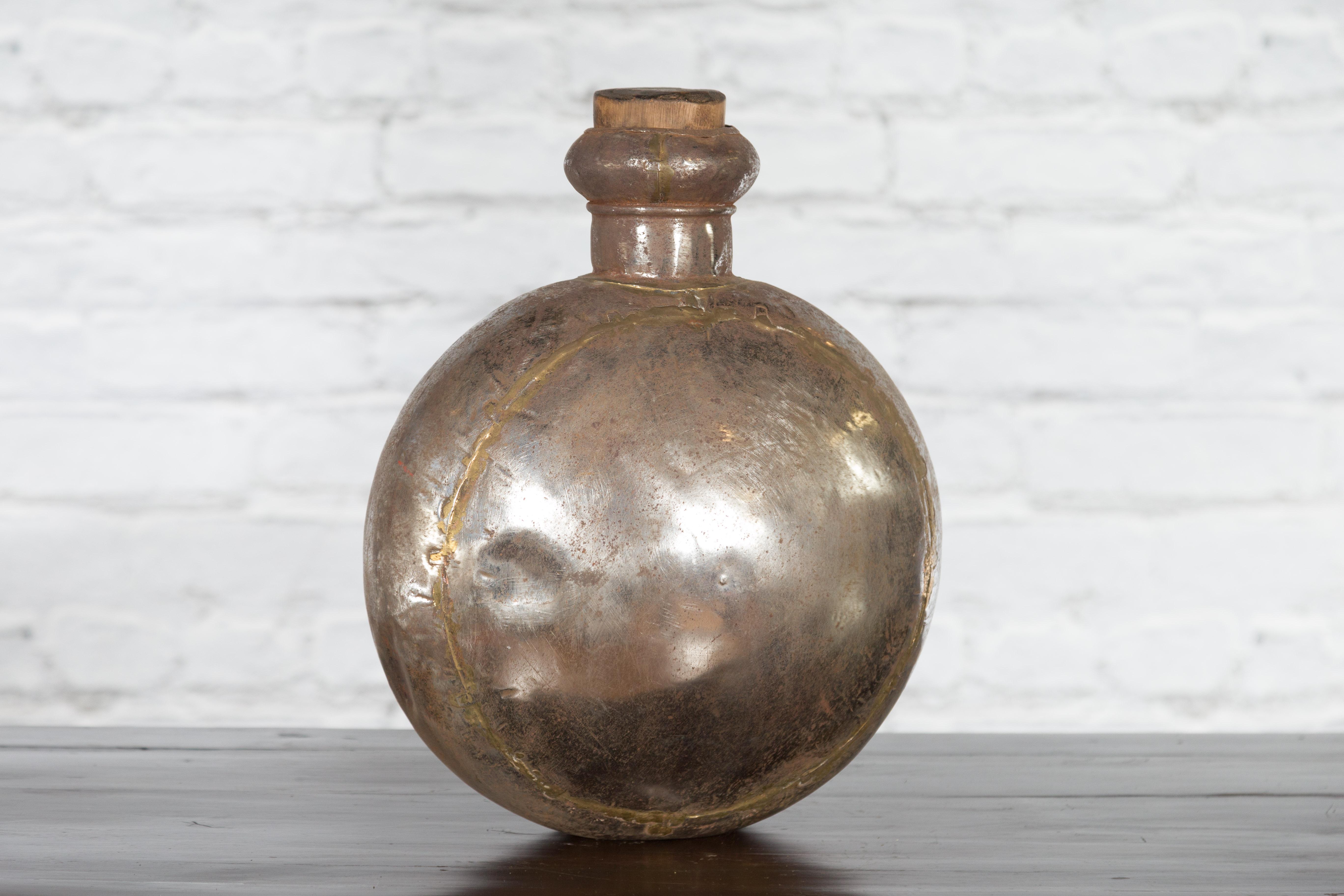 Indian Vintage Metal Water Vase with Cork Style Top and Circular Body For Sale 3
