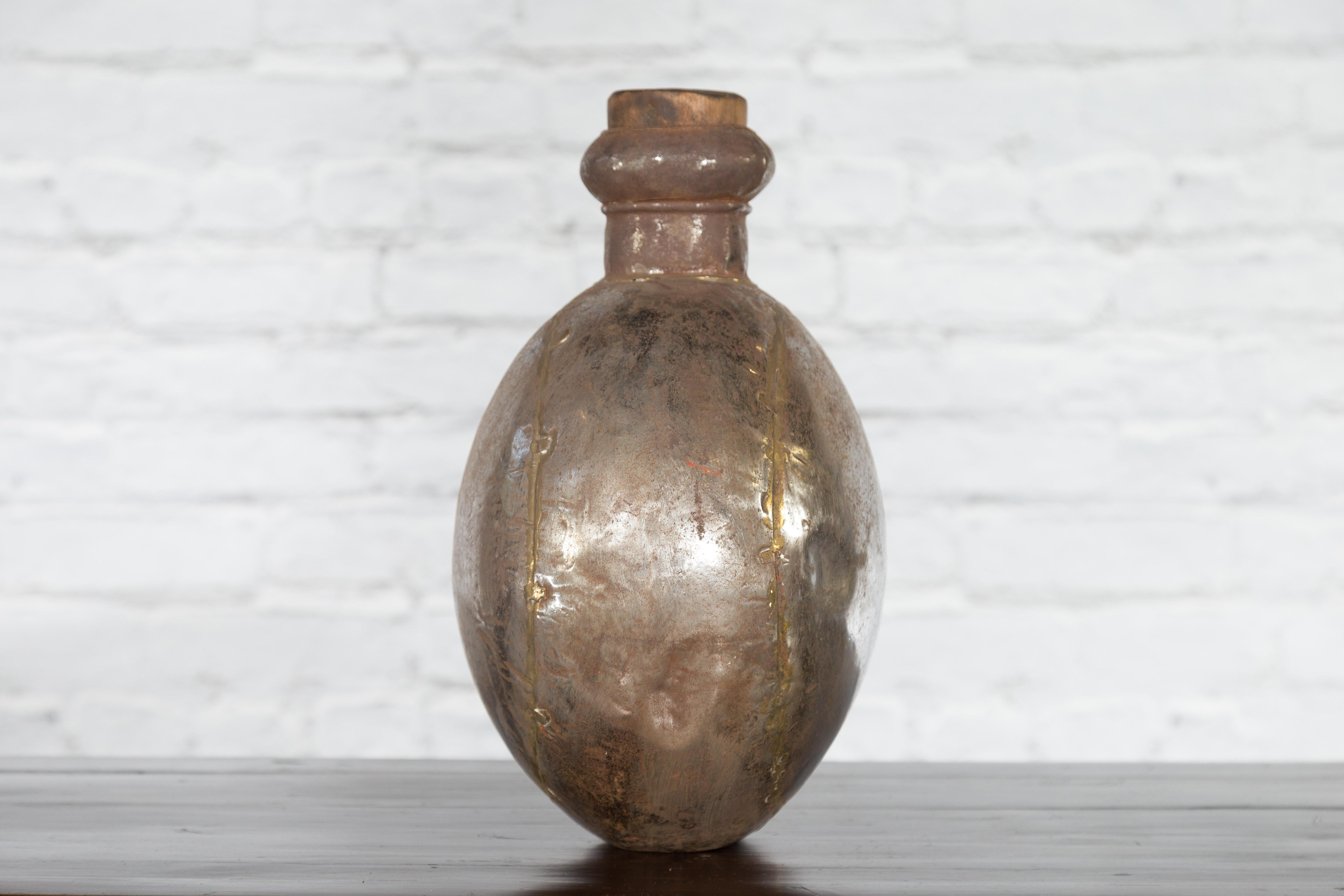 Indian Vintage Metal Water Vase with Cork Style Top and Circular Body For Sale 4