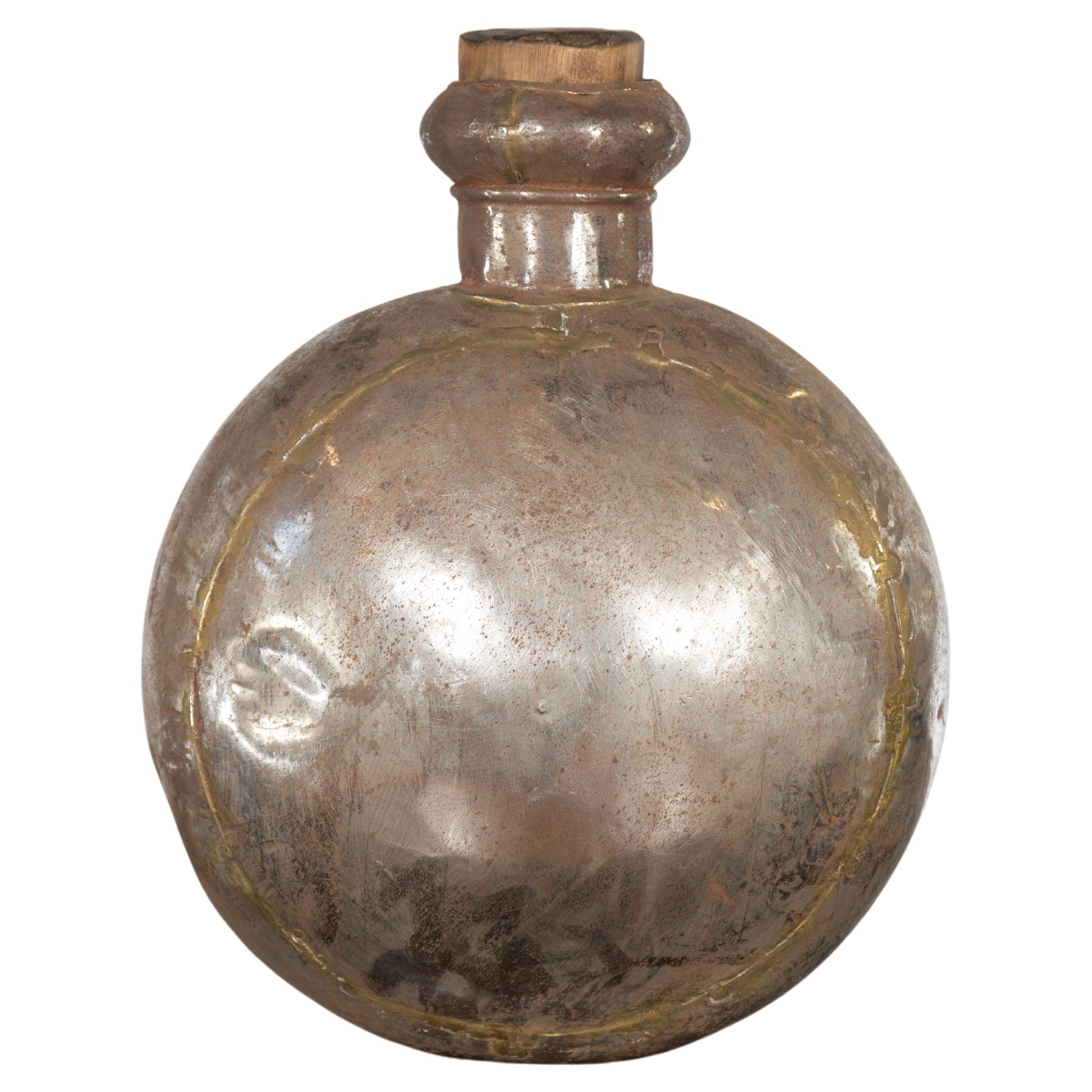 Indian Vintage Metal Water Vase with Cork Style Top and Circular Body For Sale
