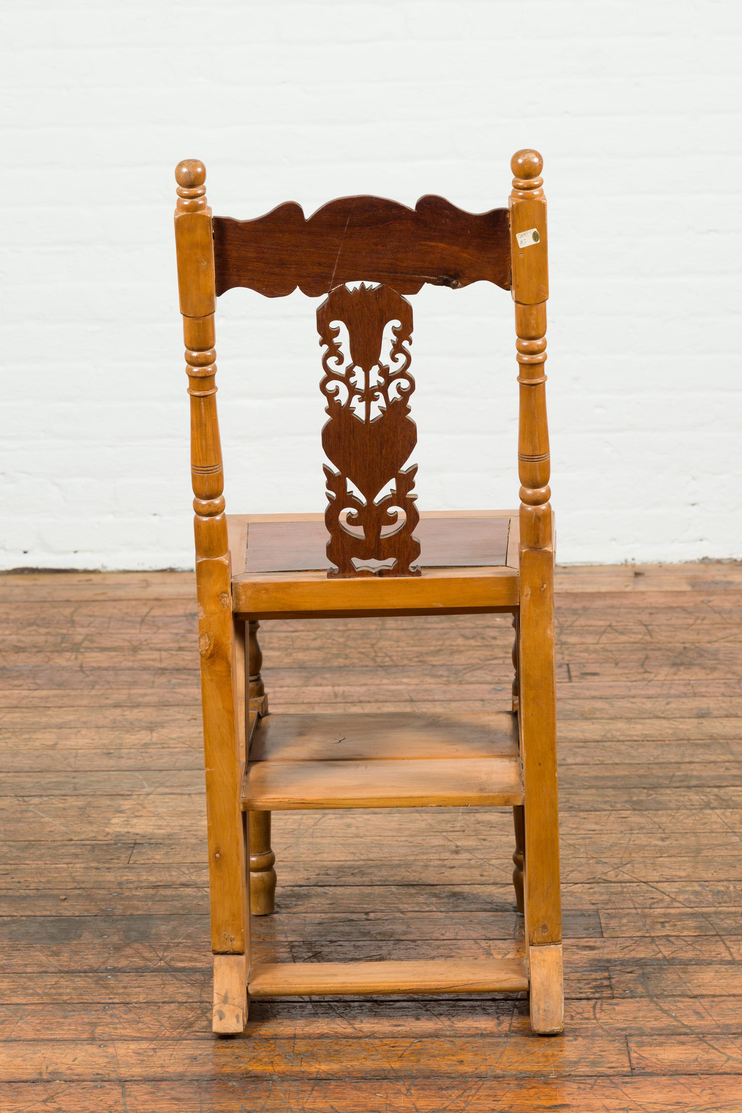 Indian Vintage Metamorphic Step Ladder Carved Chair with Mother of Pearl Inlay 6