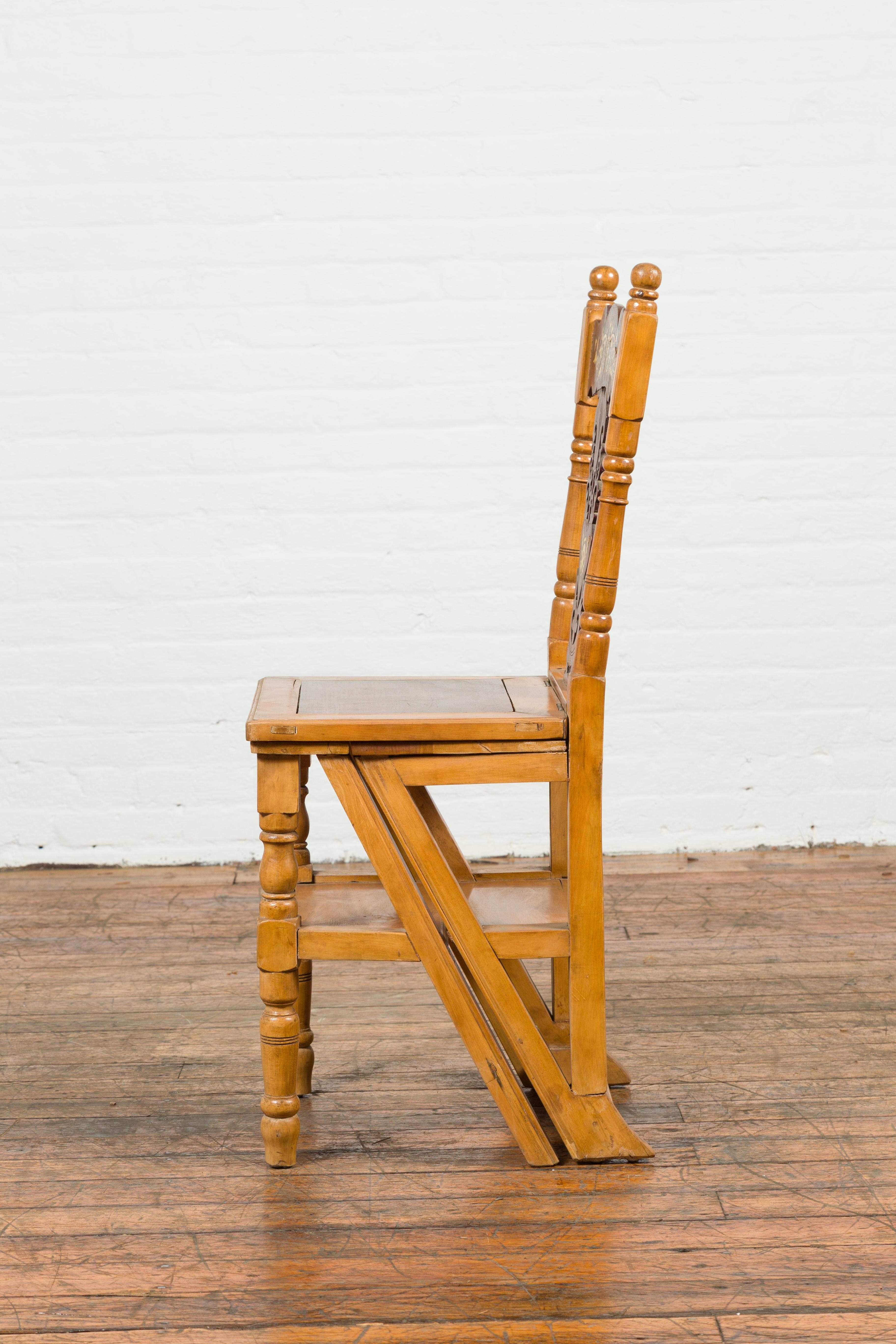 Indian Vintage Metamorphic Step Ladder Carved Chair with Mother of Pearl Inlay 7