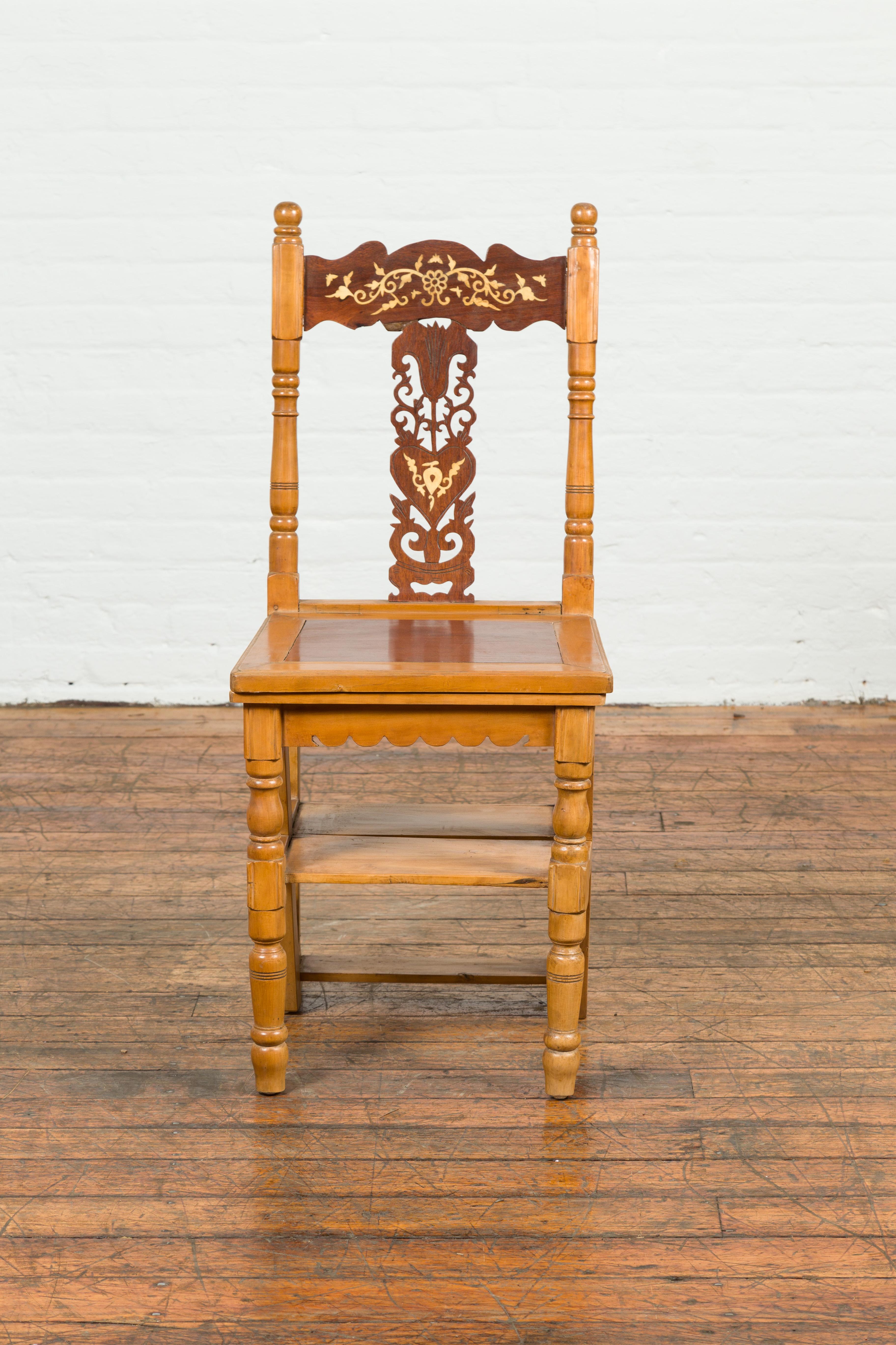 Indian Vintage Metamorphic Step Ladder Carved Chair with Mother of Pearl Inlay 8