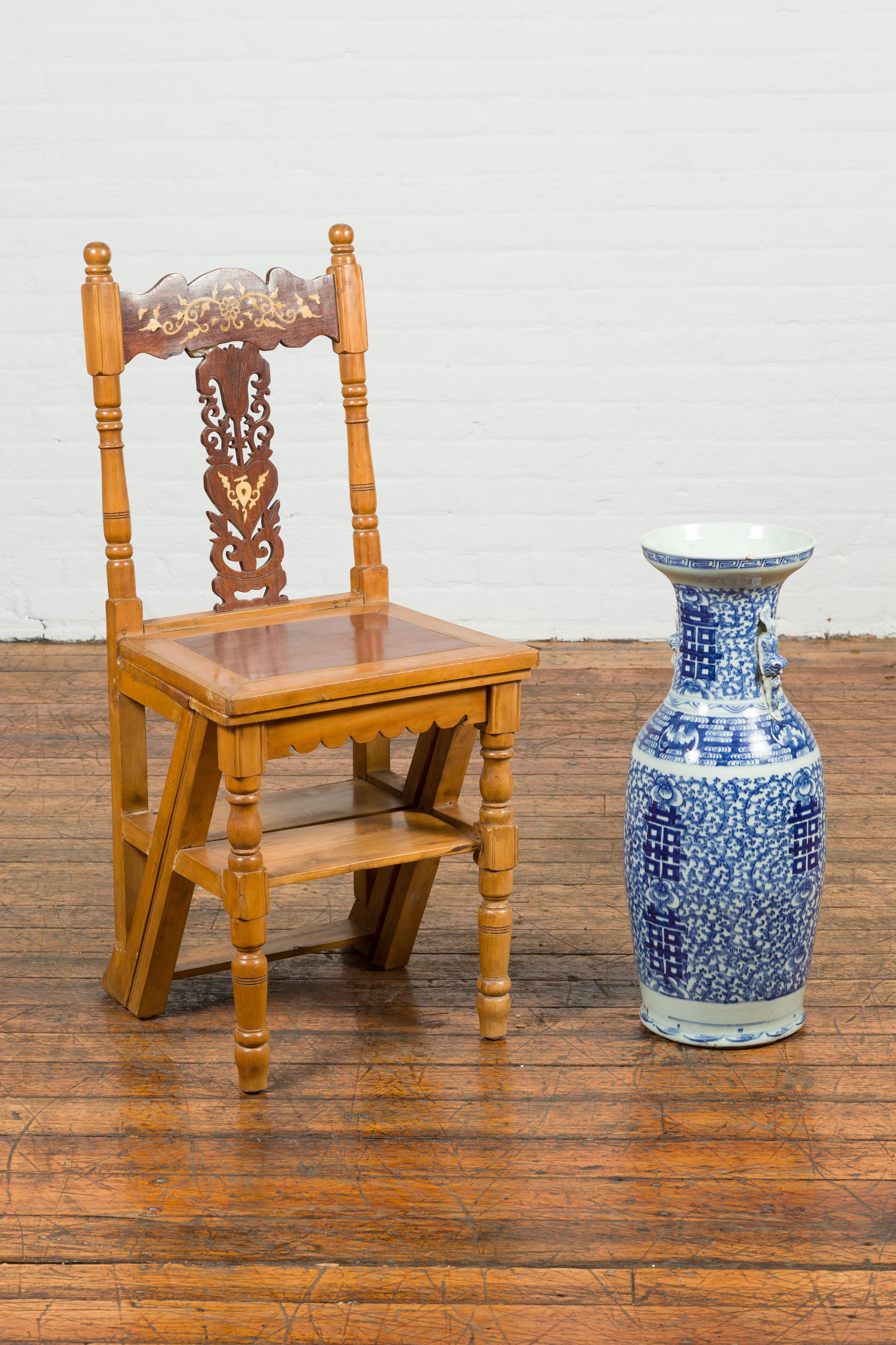 Indian Vintage Metamorphic Step Ladder Carved Chair with Mother of Pearl Inlay In Good Condition In Yonkers, NY