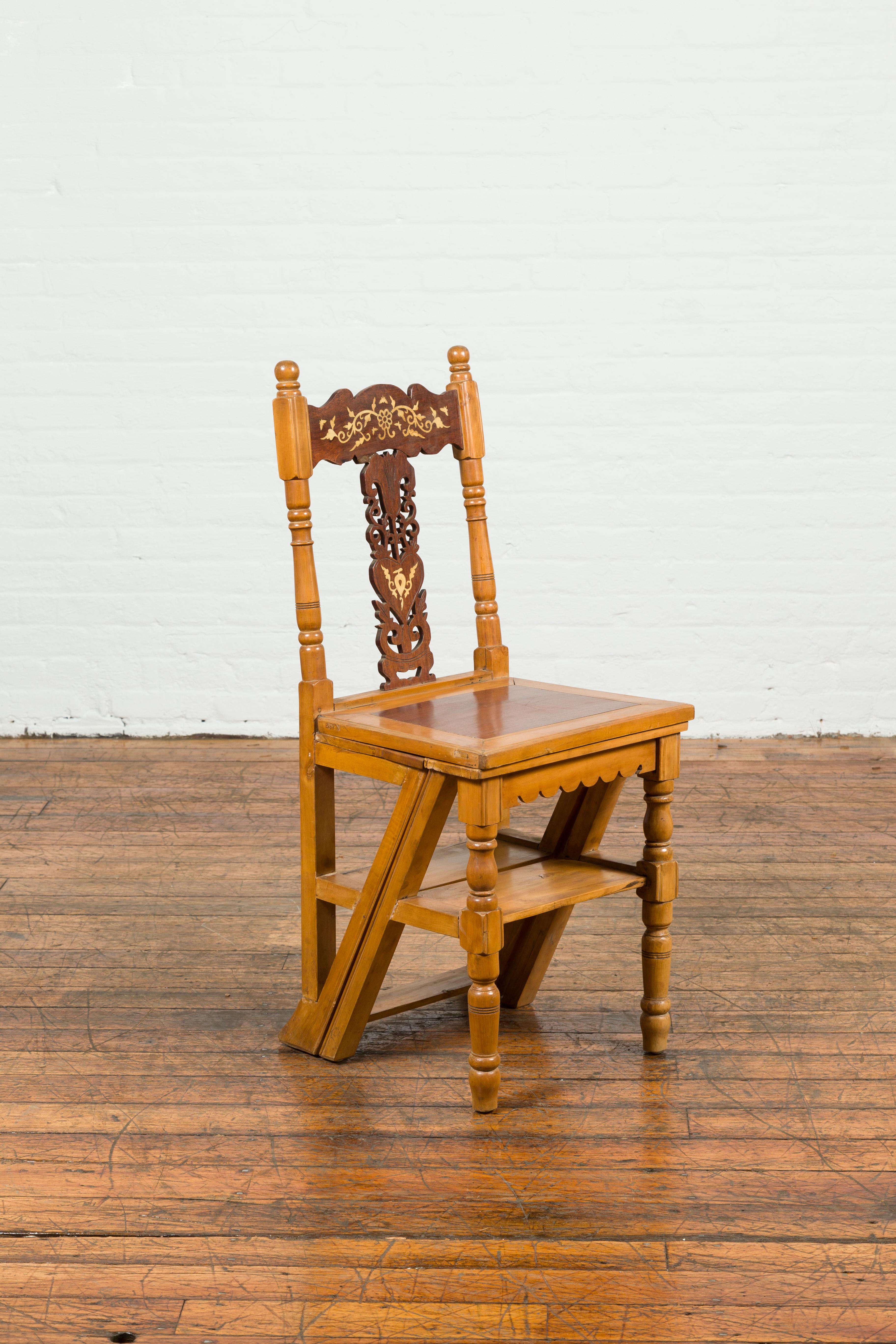 20th Century Indian Vintage Metamorphic Step Ladder Carved Chair with Mother of Pearl Inlay