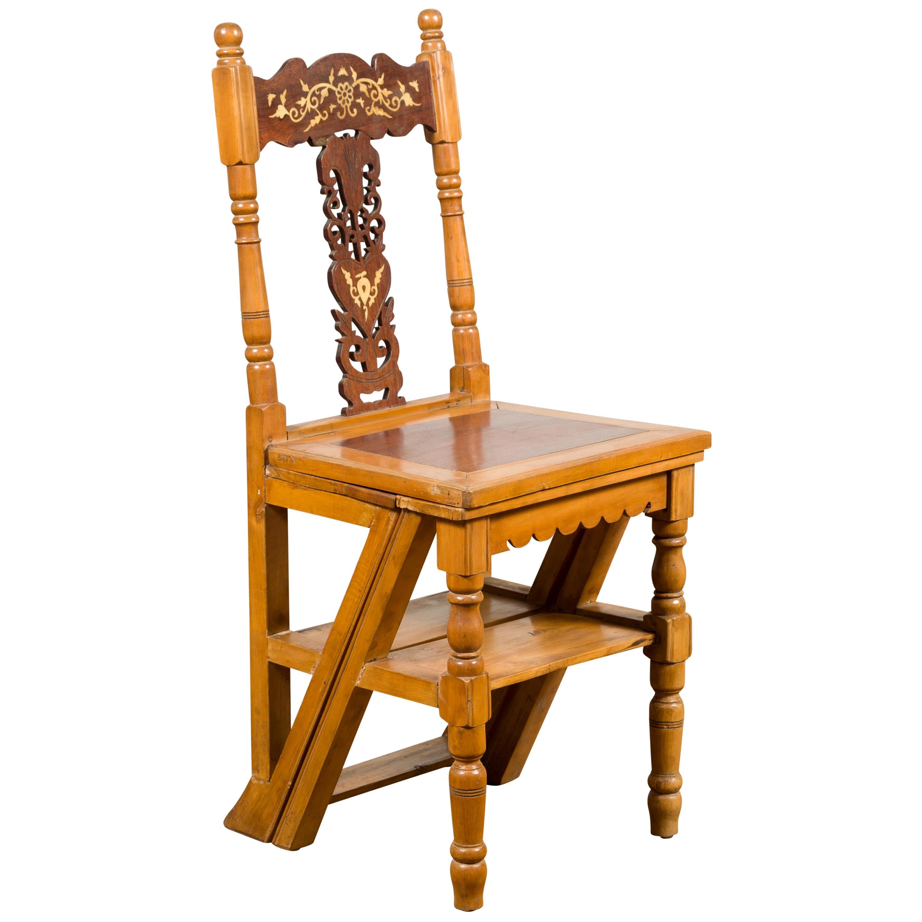 Indian Vintage Metamorphic Step Ladder Carved Chair with Mother of Pearl Inlay