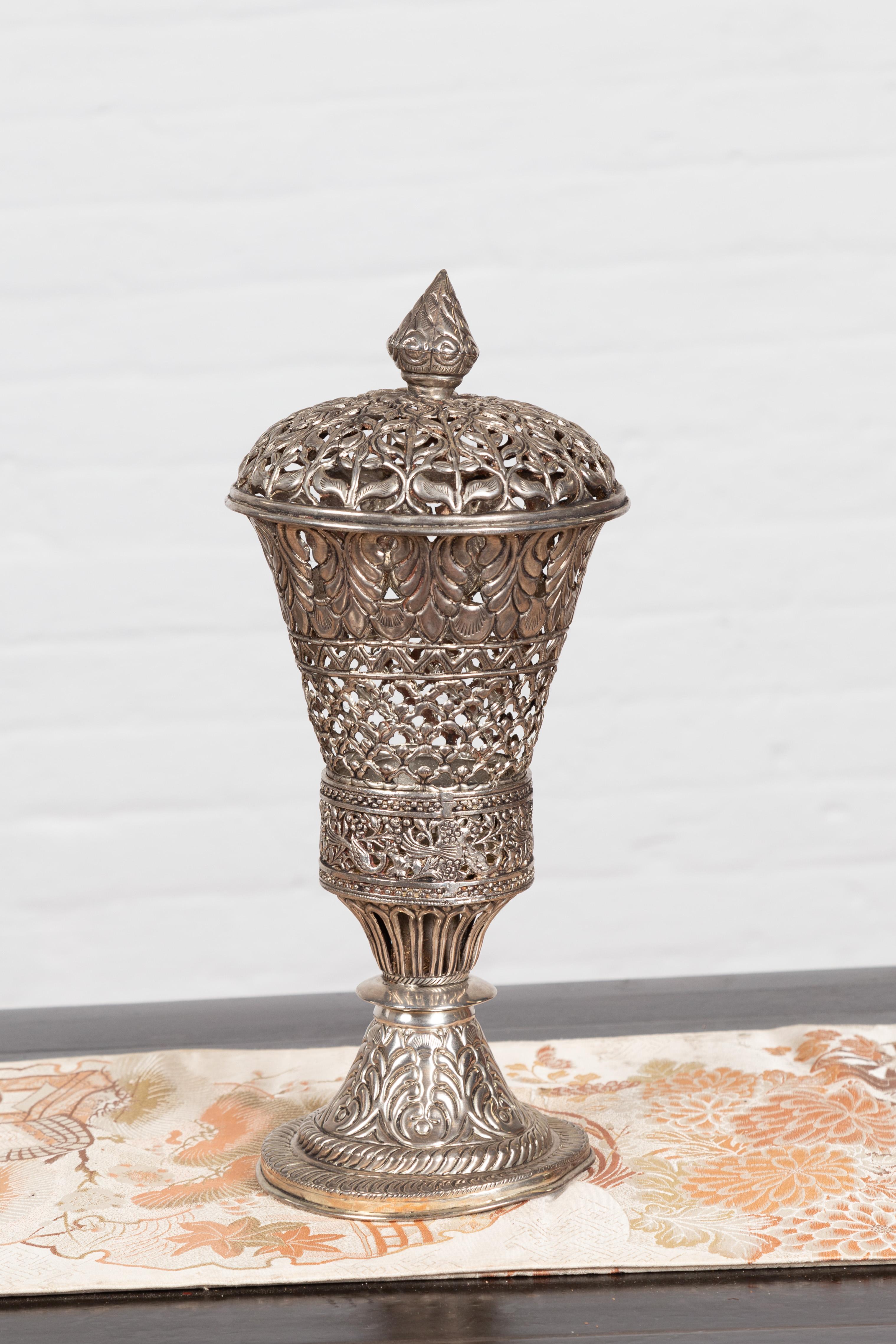 Indian Vintage Silverplate Brass Covered Candle Holder with Open Fretwork 6