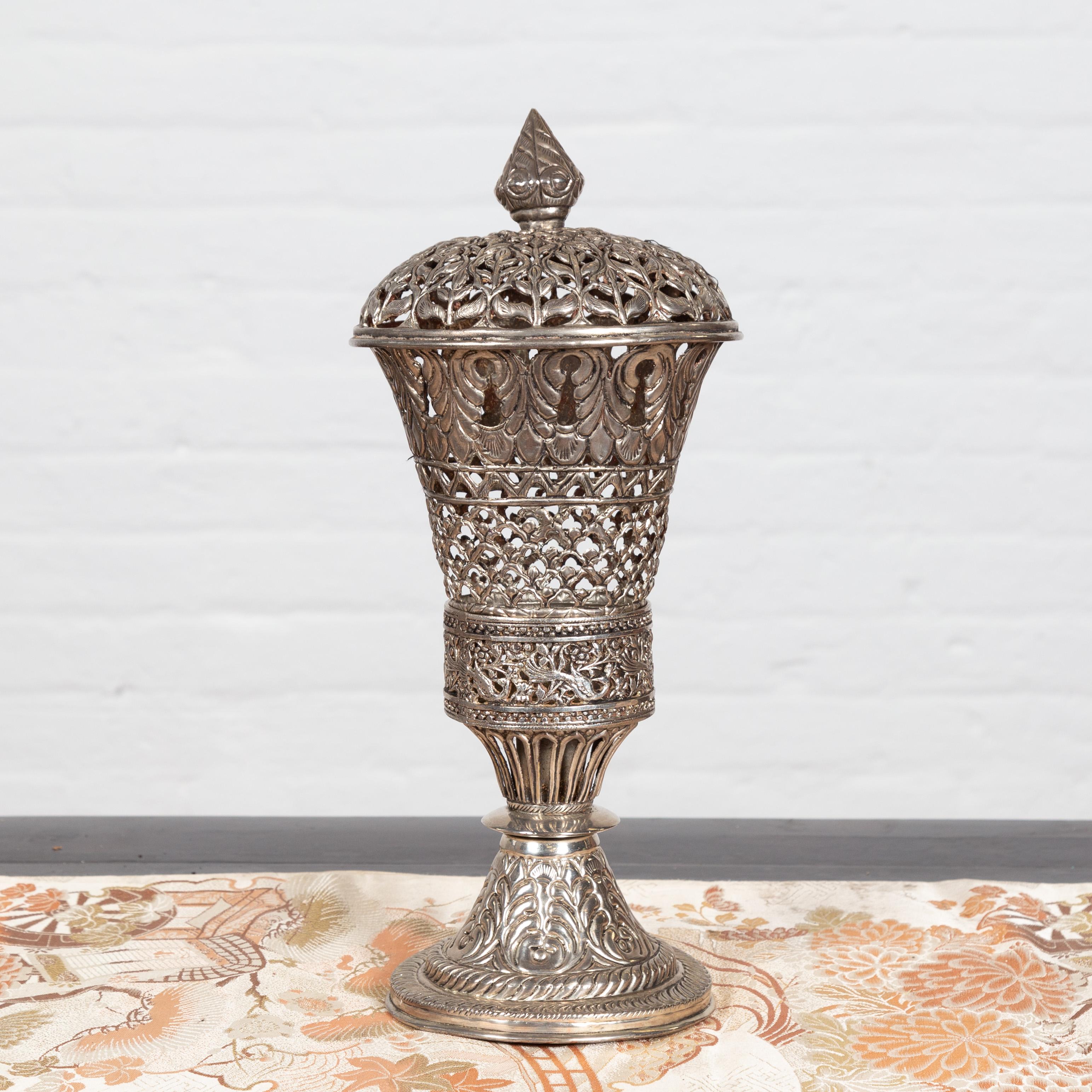 Indian Vintage Silverplate Brass Covered Candle Holder with Open Fretwork In Good Condition In Yonkers, NY