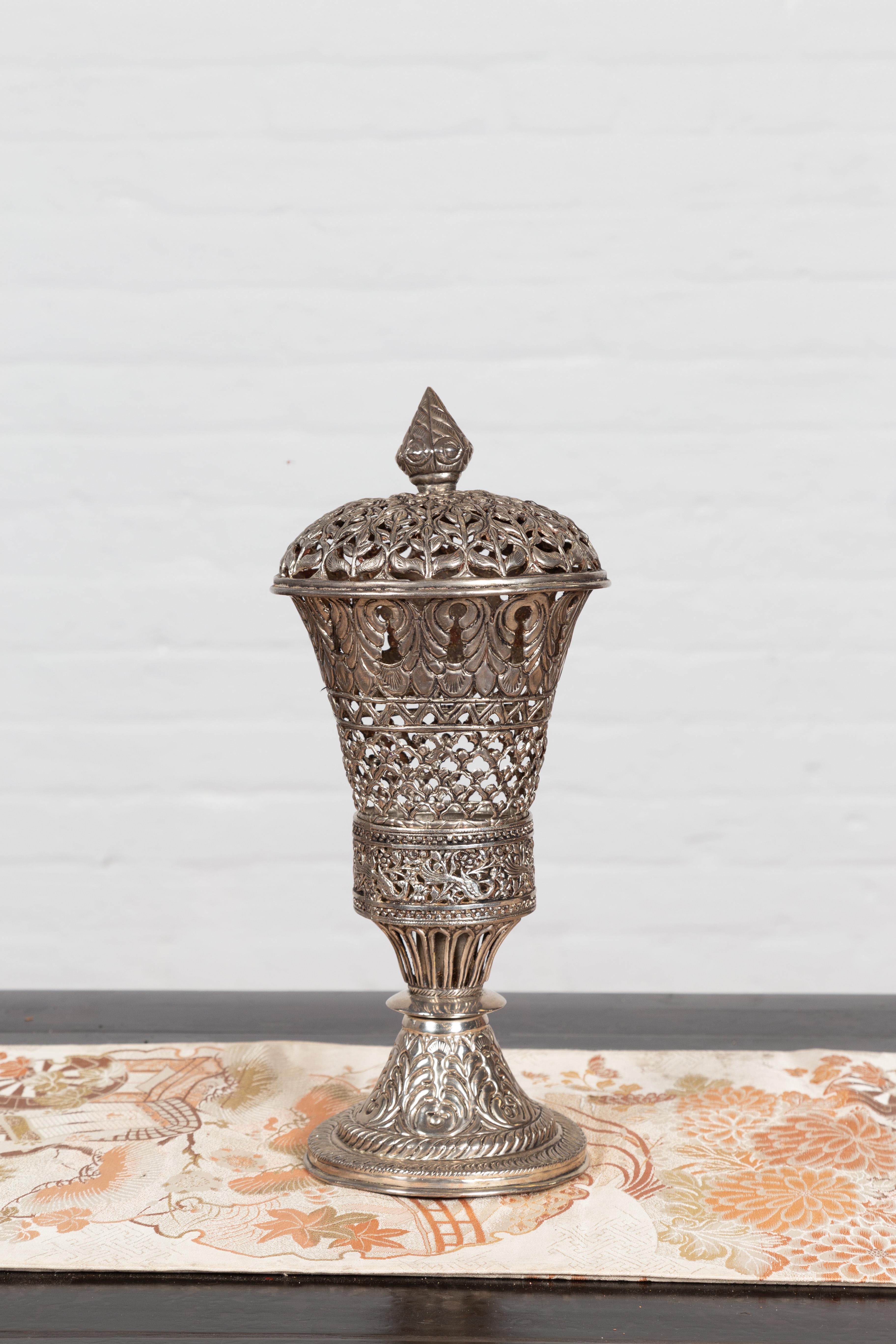 20th Century Indian Vintage Silverplate Brass Covered Candle Holder with Open Fretwork