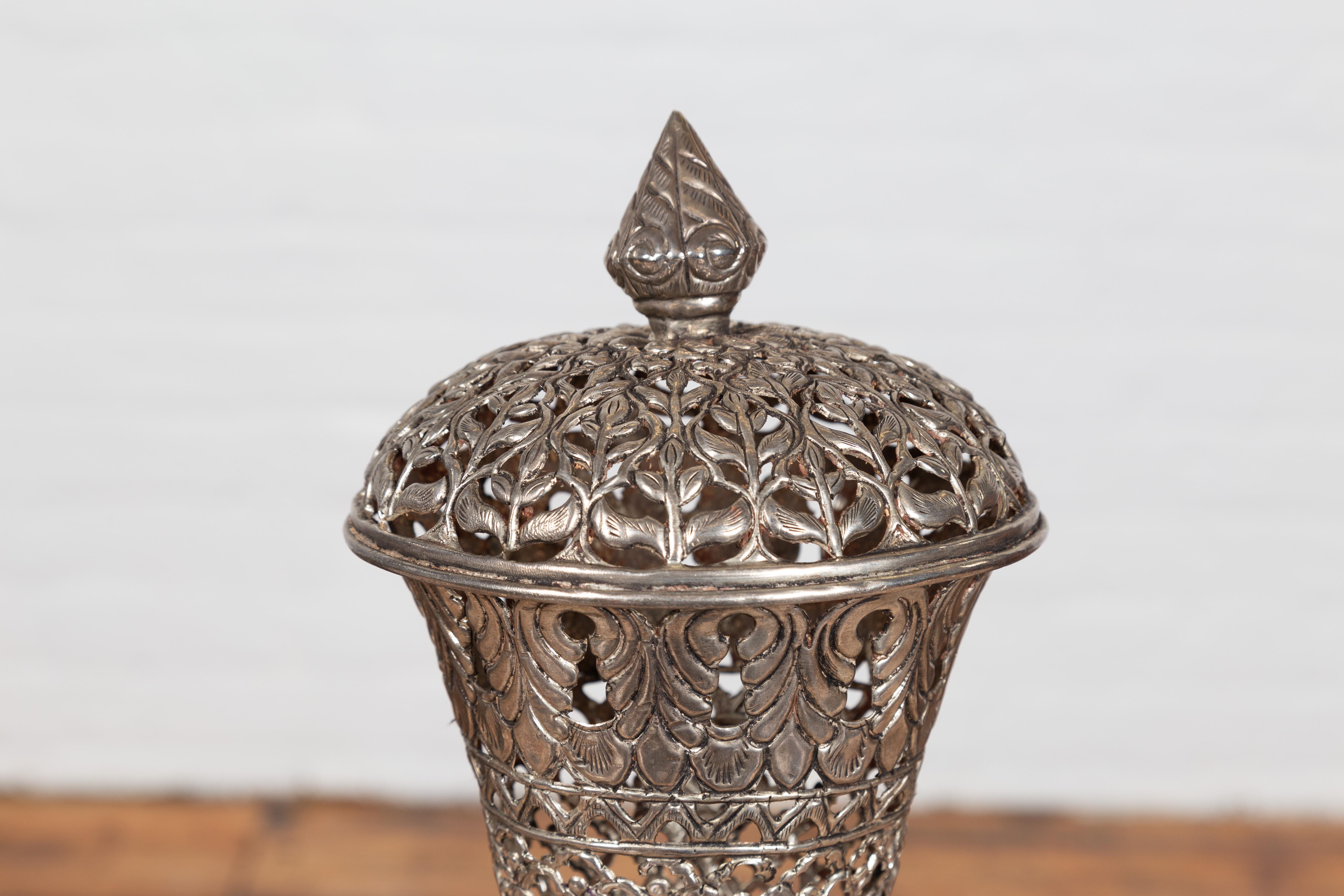 Silver Plate Indian Vintage Silverplate Brass Covered Candle Holder with Open Fretwork