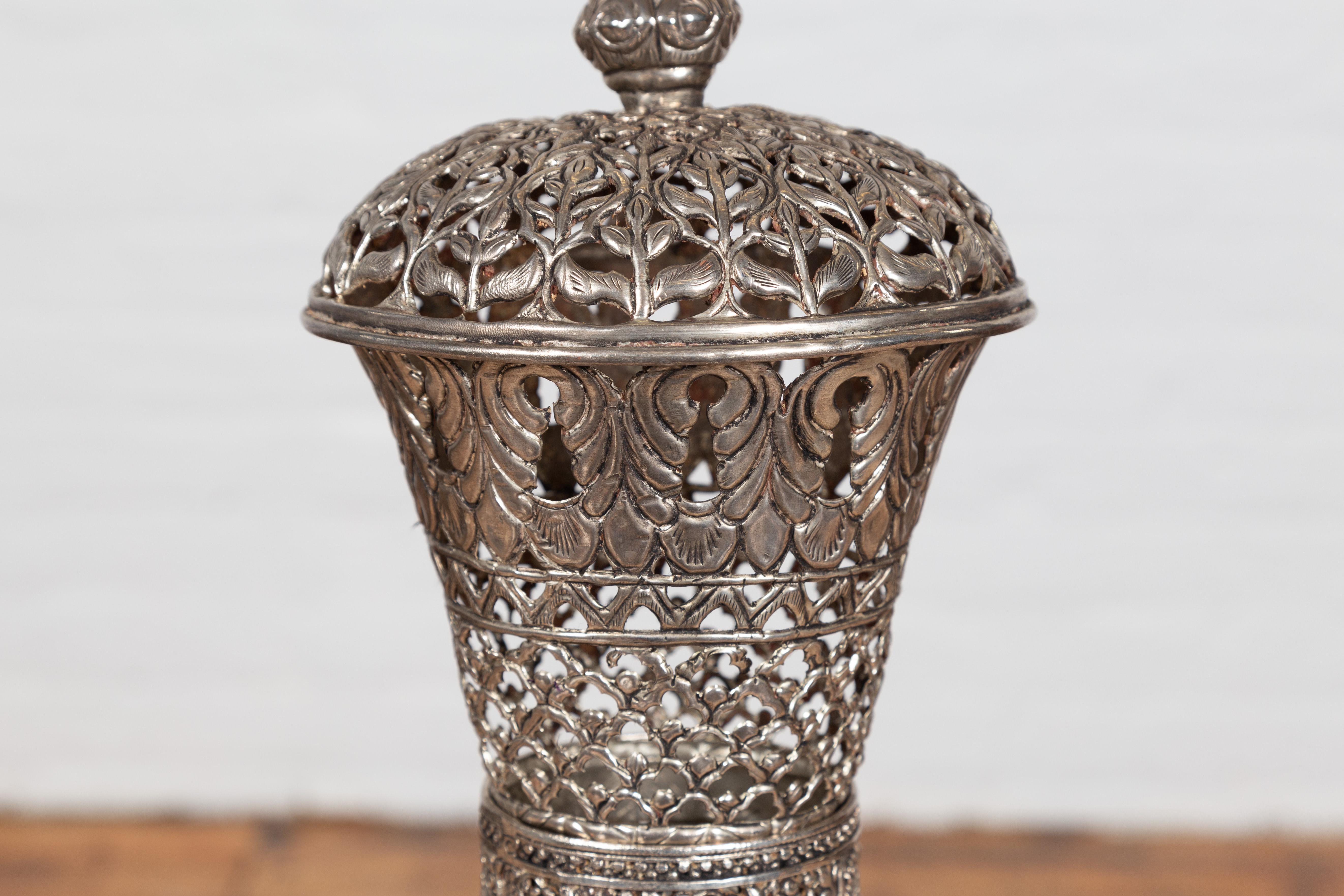 Indian Vintage Silverplate Brass Covered Candle Holder with Open Fretwork 1
