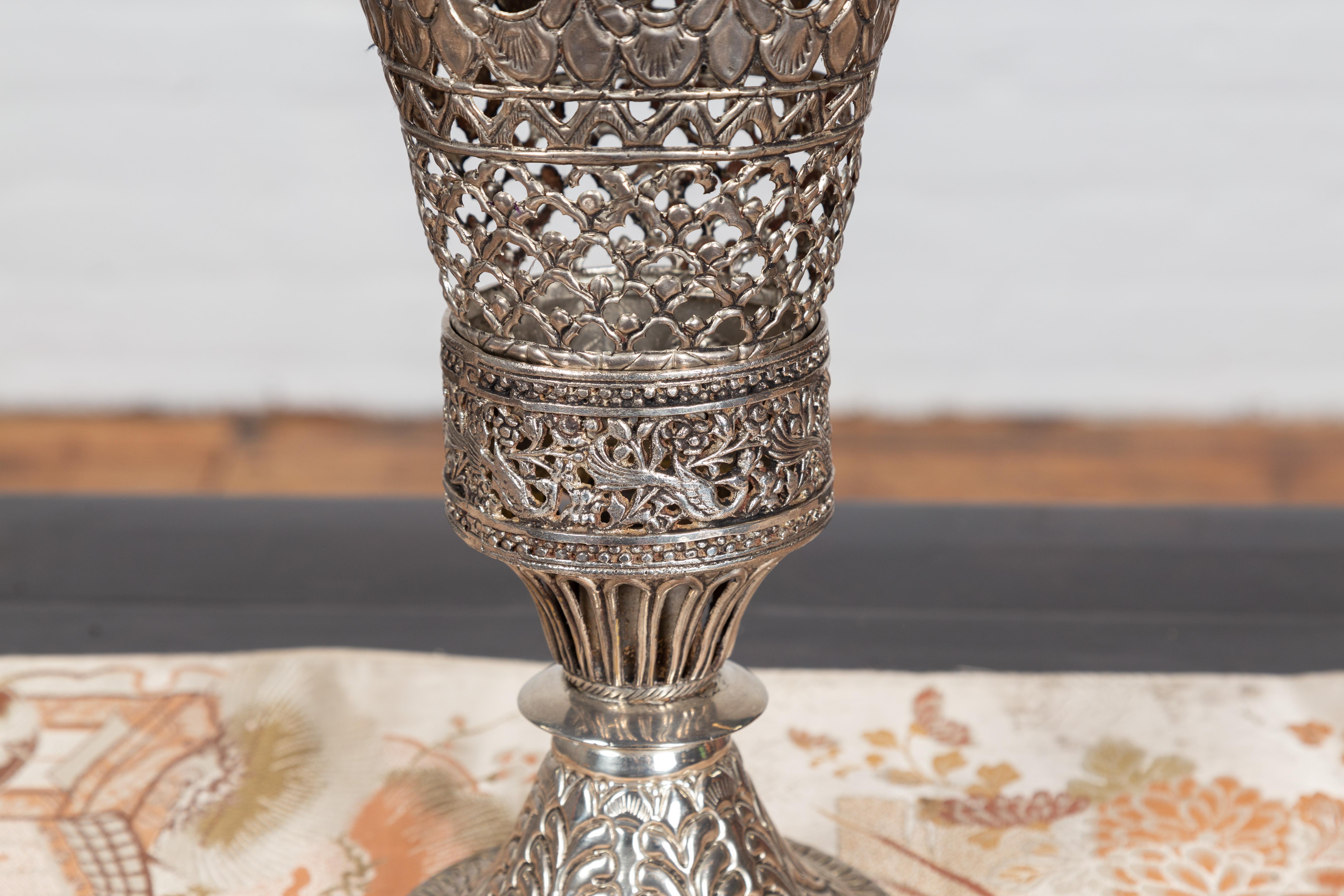 Indian Vintage Silverplate Brass Covered Candle Holder with Open Fretwork 2