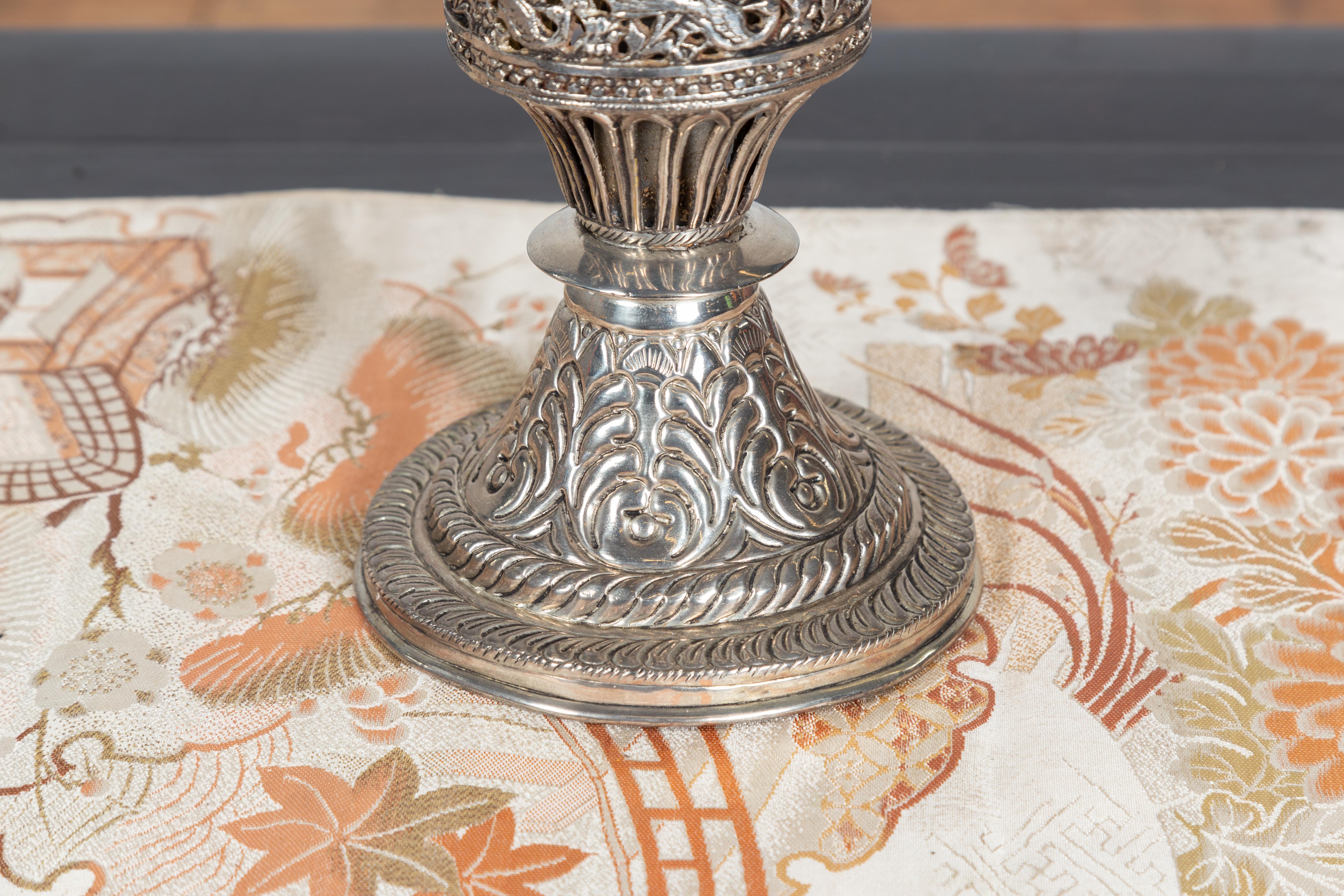 Indian Vintage Silverplate Brass Covered Candle Holder with Open Fretwork 3