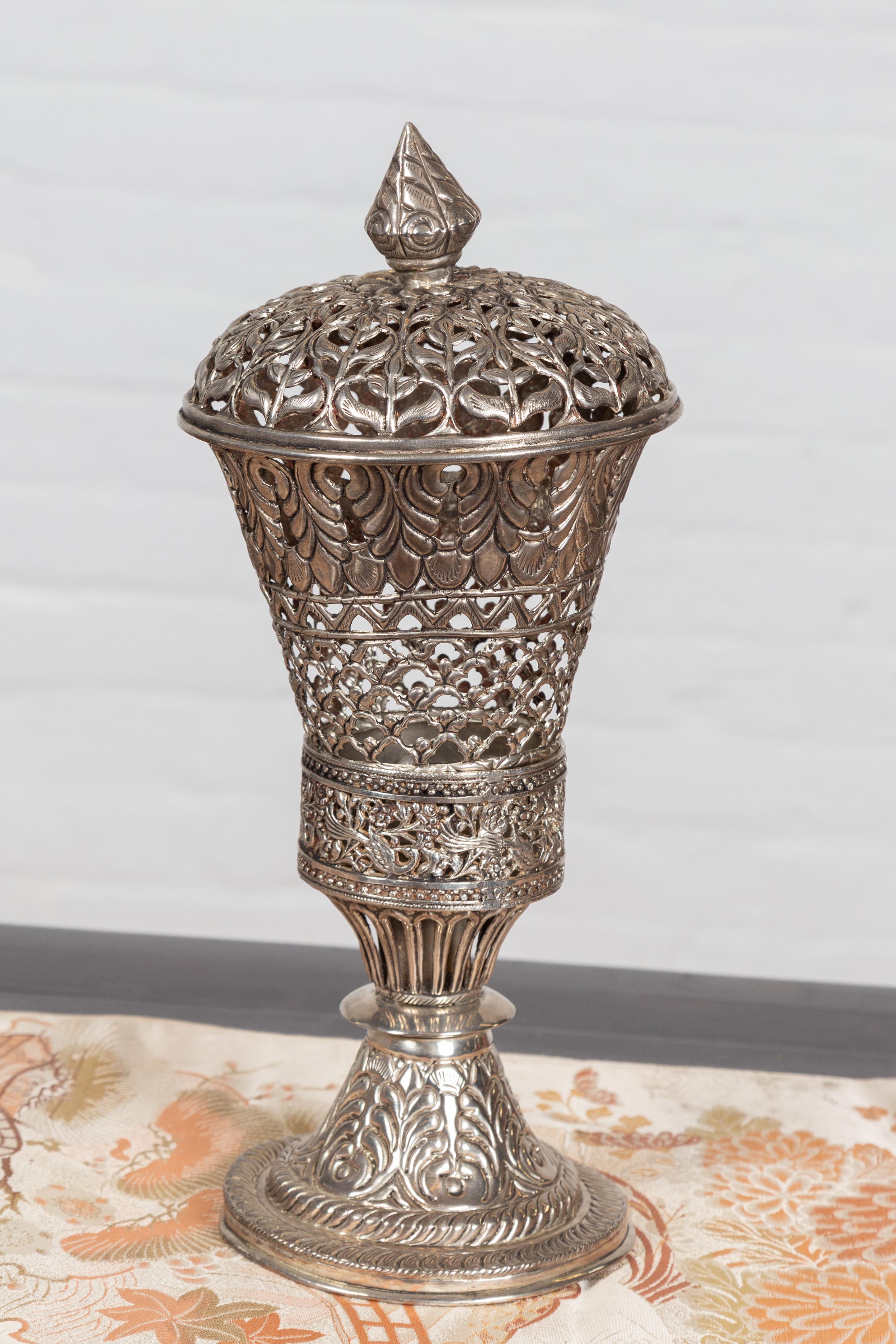Indian Vintage Silverplate Brass Covered Candle Holder with Open Fretwork 4