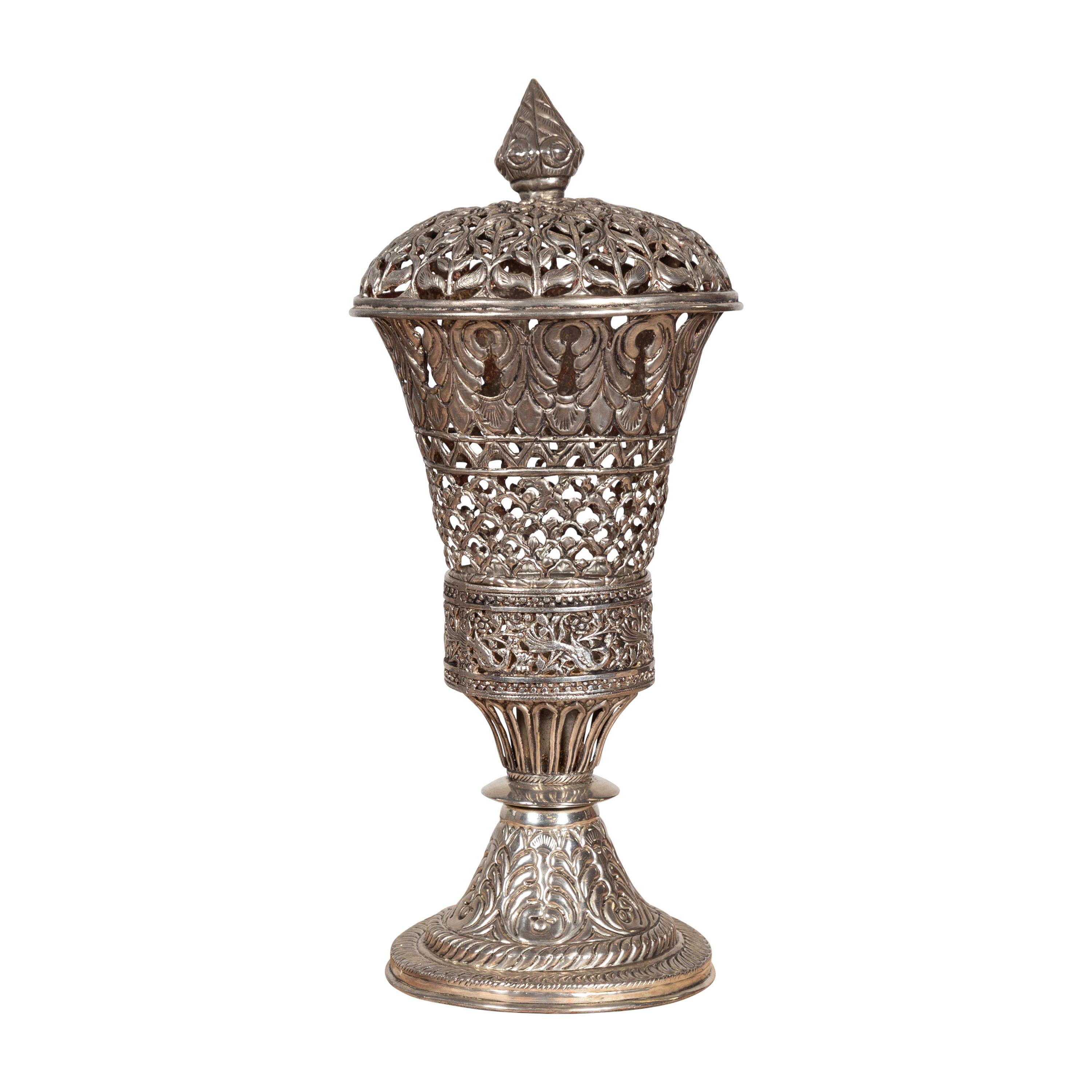 Indian Vintage Silverplate Brass Covered Candle Holder with Open Fretwork