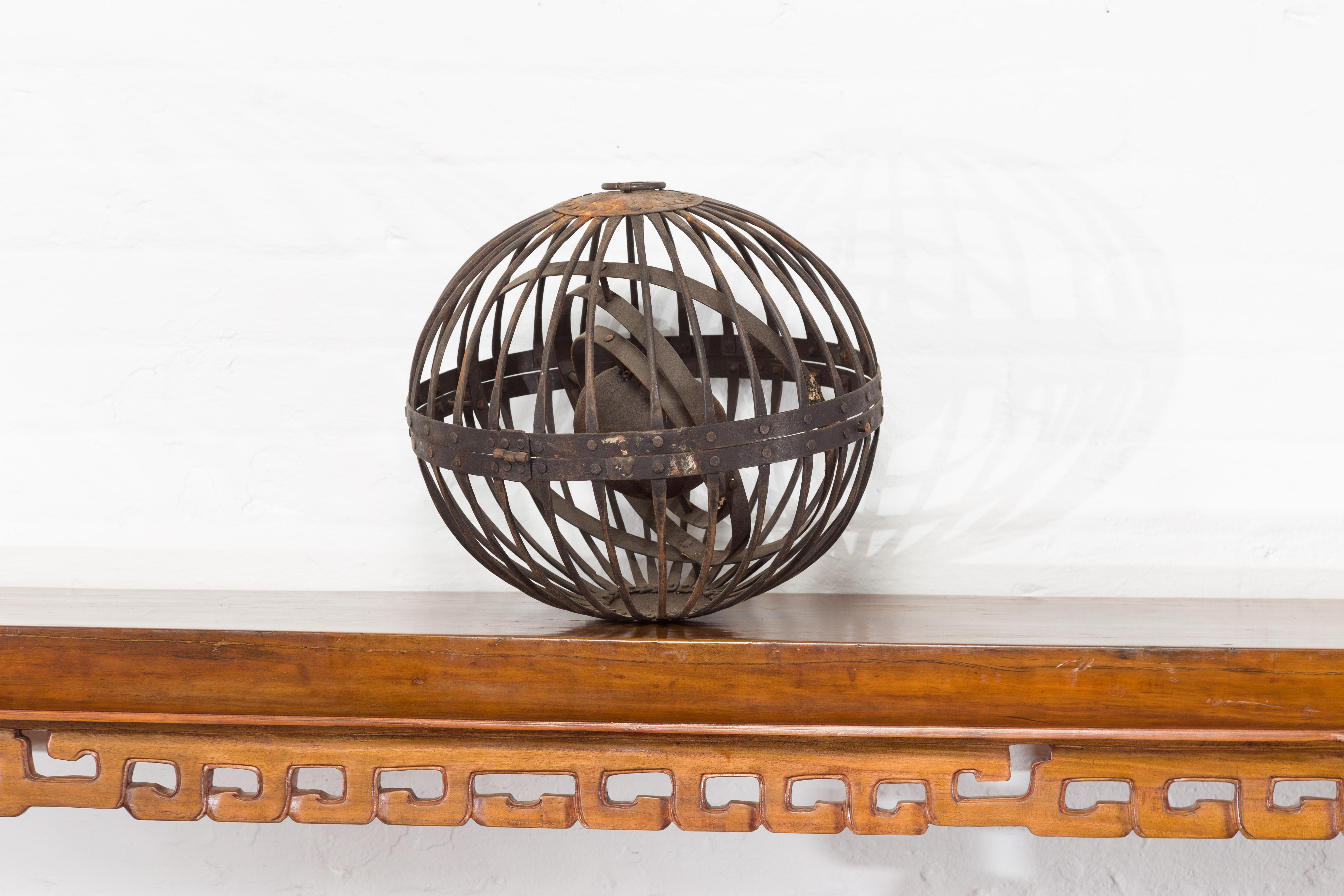 Indian Vintage Spherical Iron Light Fixture with Concentric Rings and Patina In Good Condition For Sale In Yonkers, NY