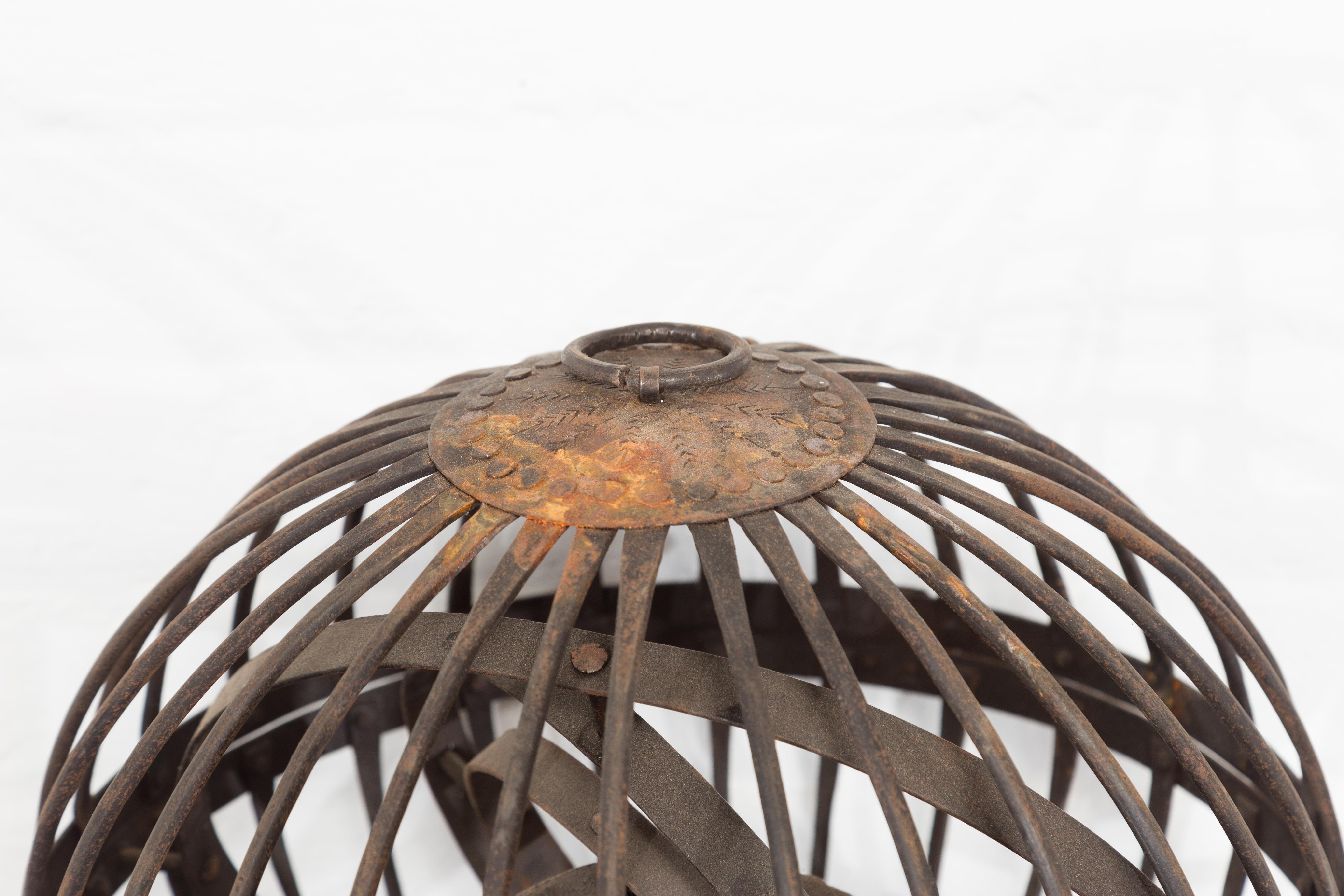 20th Century Indian Vintage Spherical Iron Light Fixture with Concentric Rings and Patina For Sale