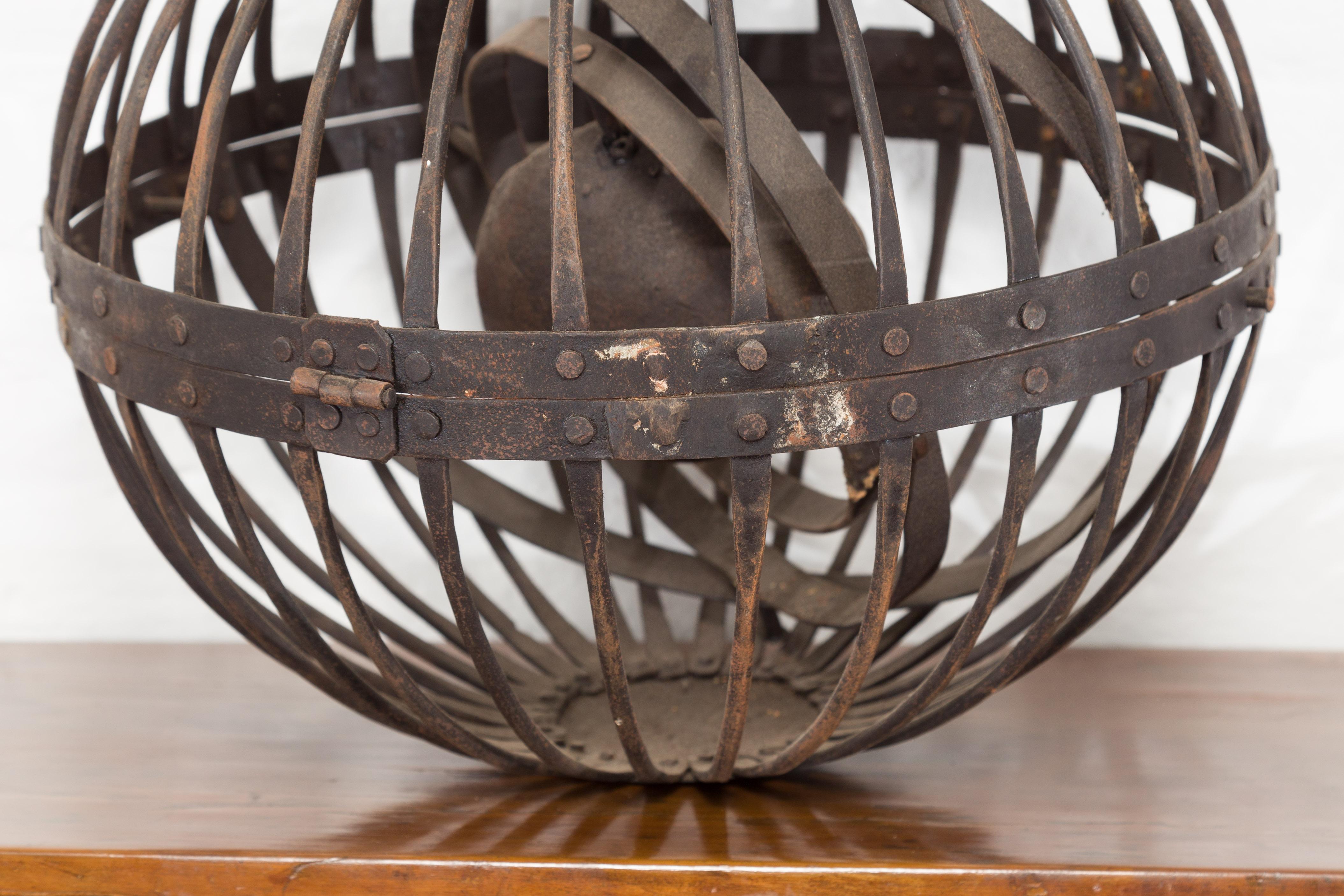Indian Vintage Spherical Iron Light Fixture with Concentric Rings and Patina For Sale 2