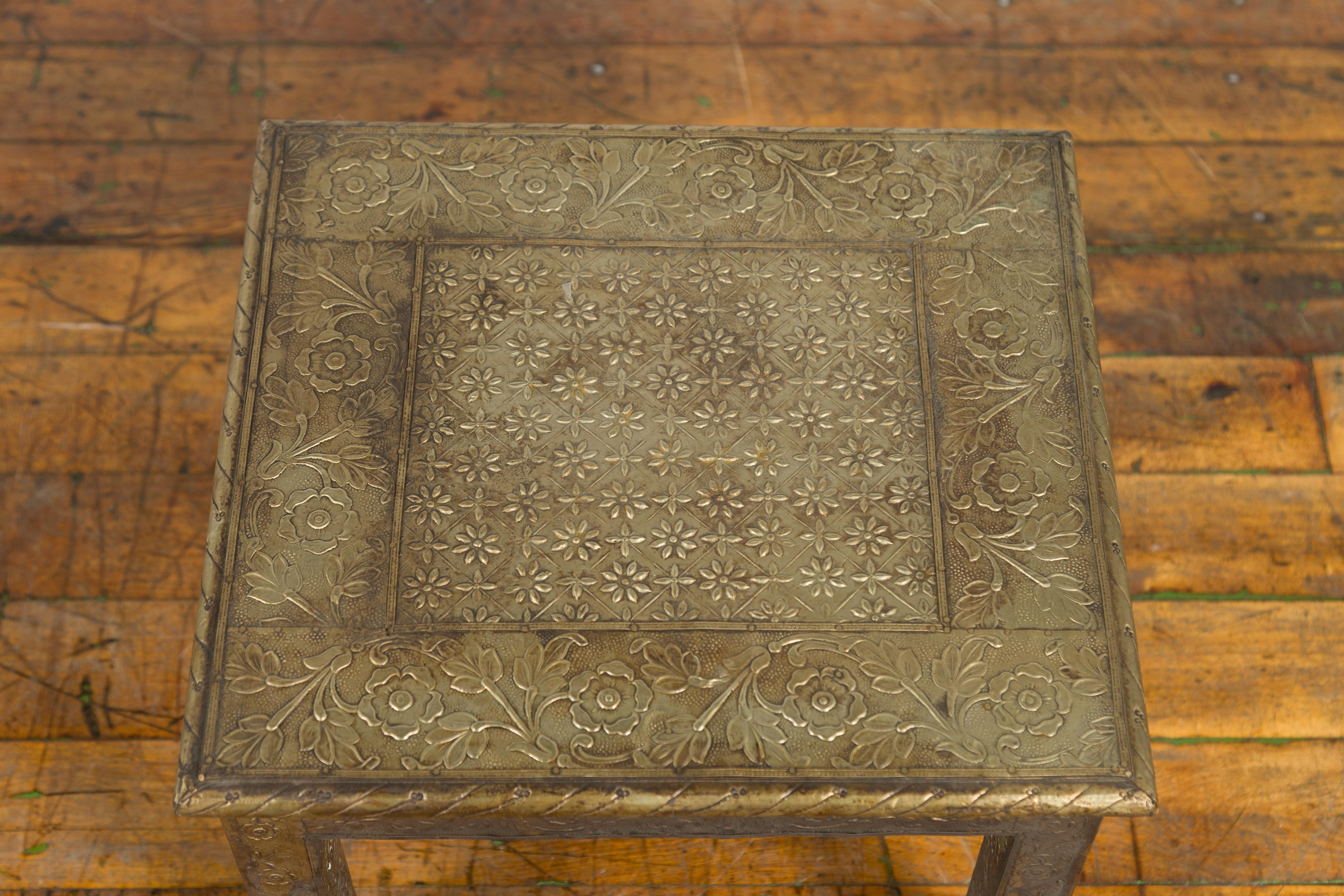 Indian Vintage Square Shaped Side Table with Repoussé Floral Motifs 5