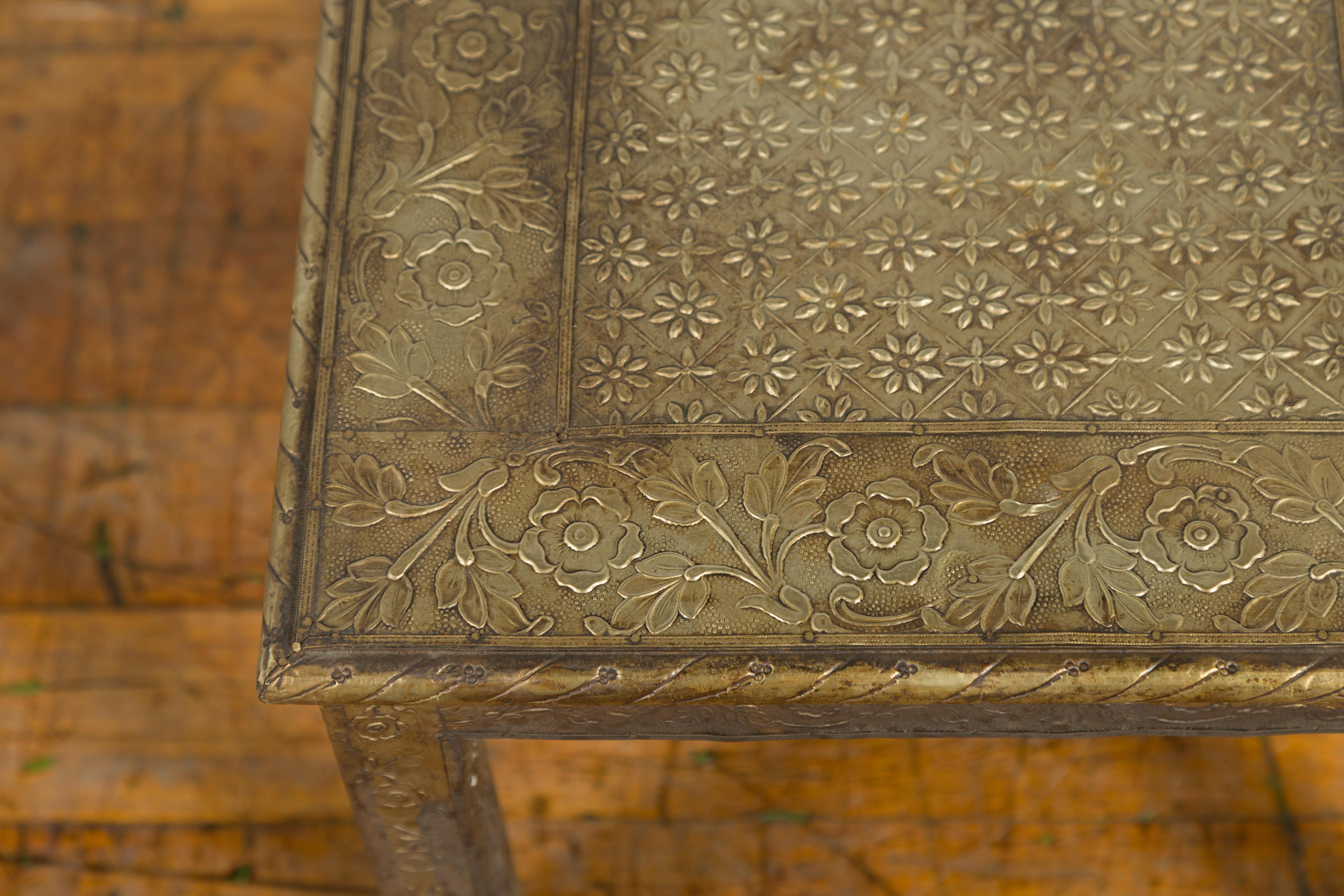 Indian Vintage Square Shaped Side Table with Repoussé Floral Motifs 6