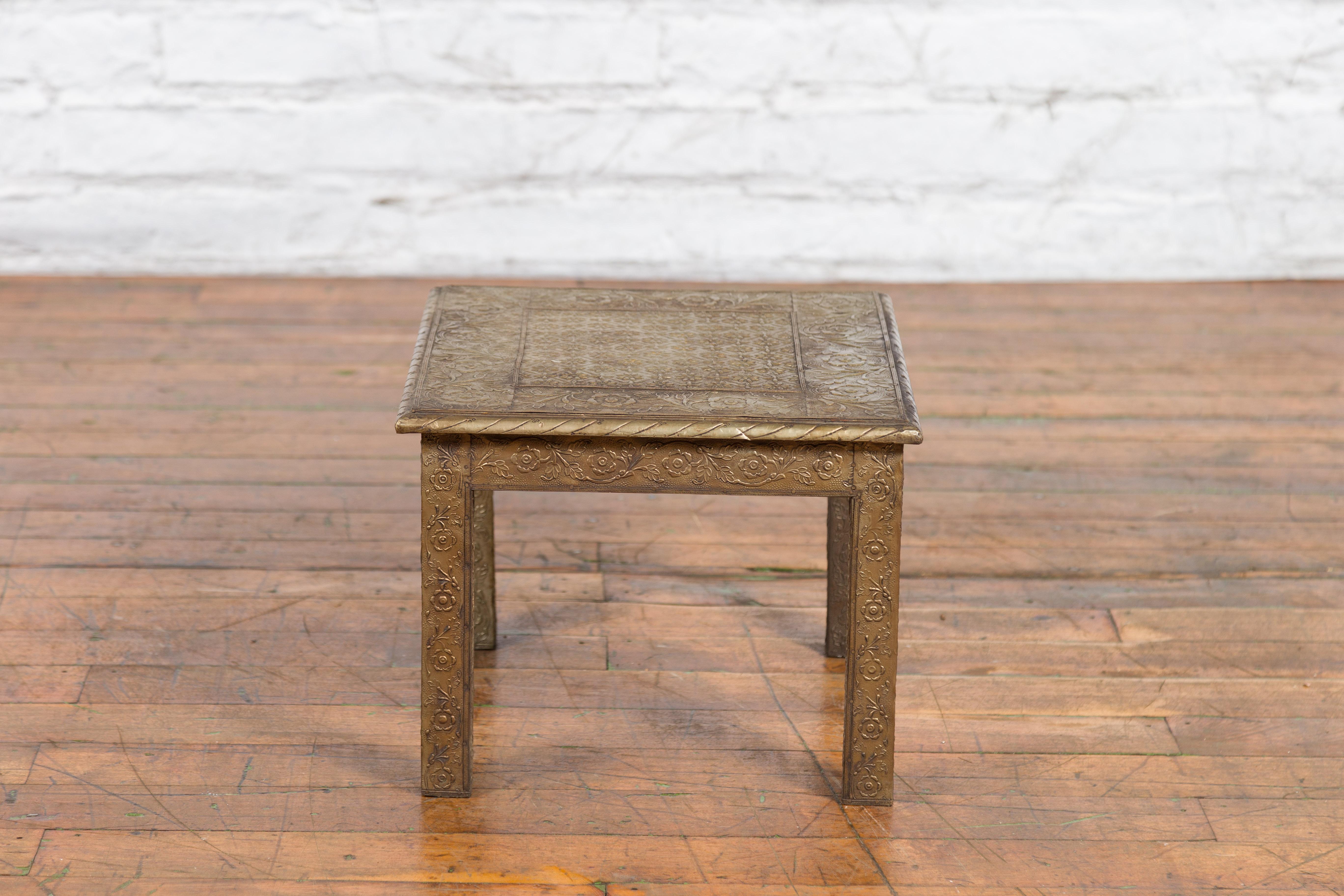 Indian Vintage Square Shaped Side Table with Repoussé Floral Motifs 9