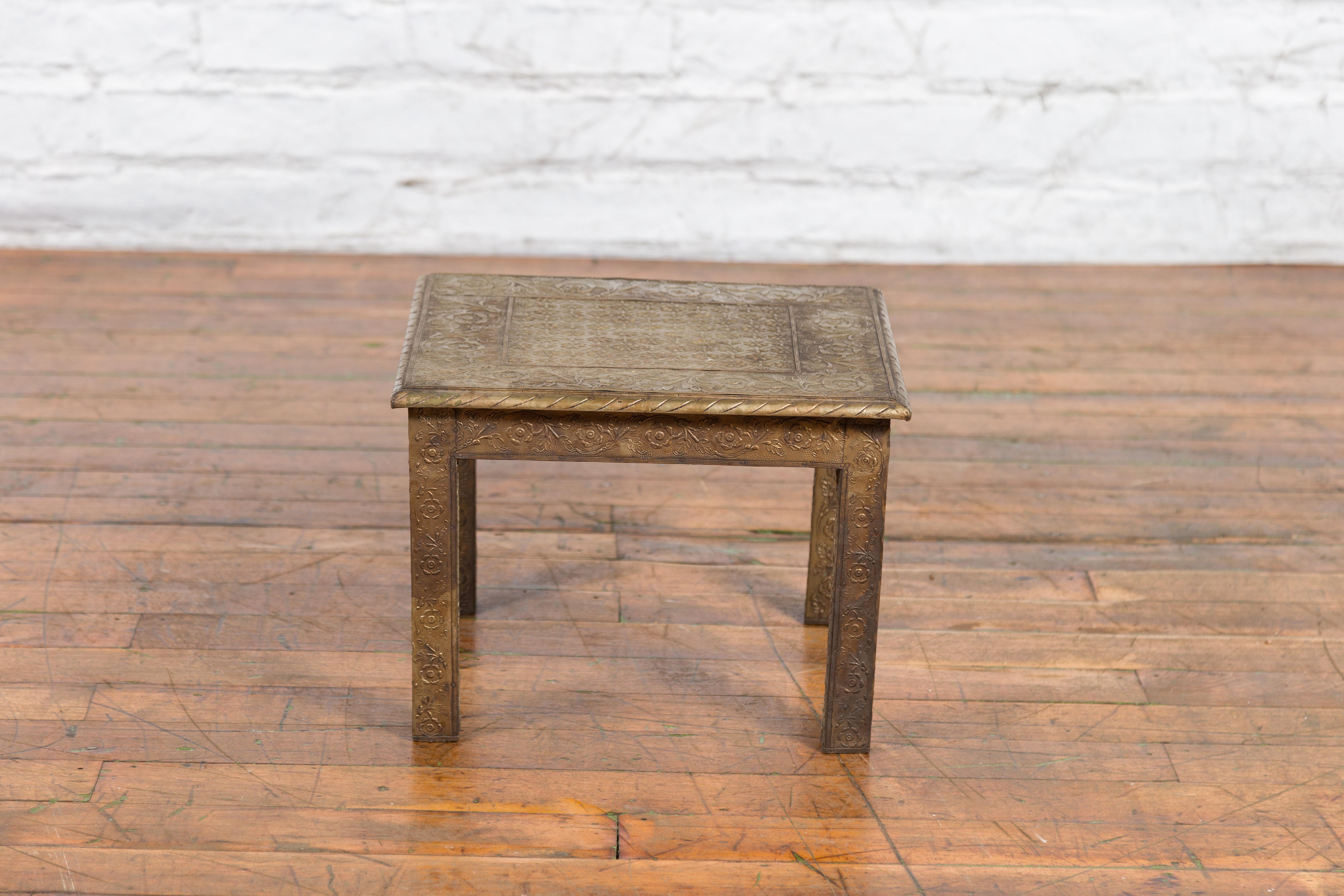 Indian Vintage Square Shaped Side Table with Repoussé Floral Motifs 10