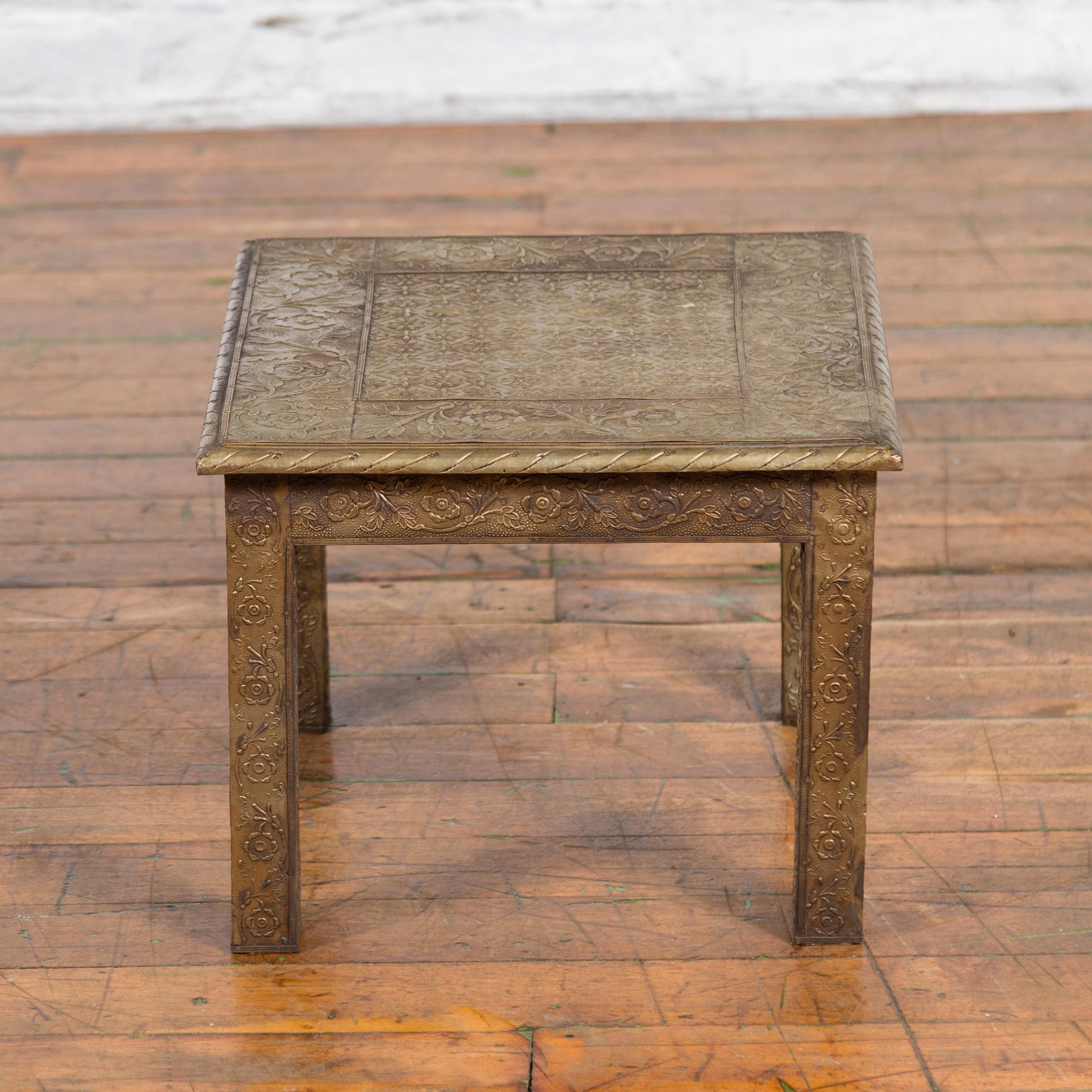 Indian Vintage Square Shaped Side Table with Repoussé Floral Motifs 12