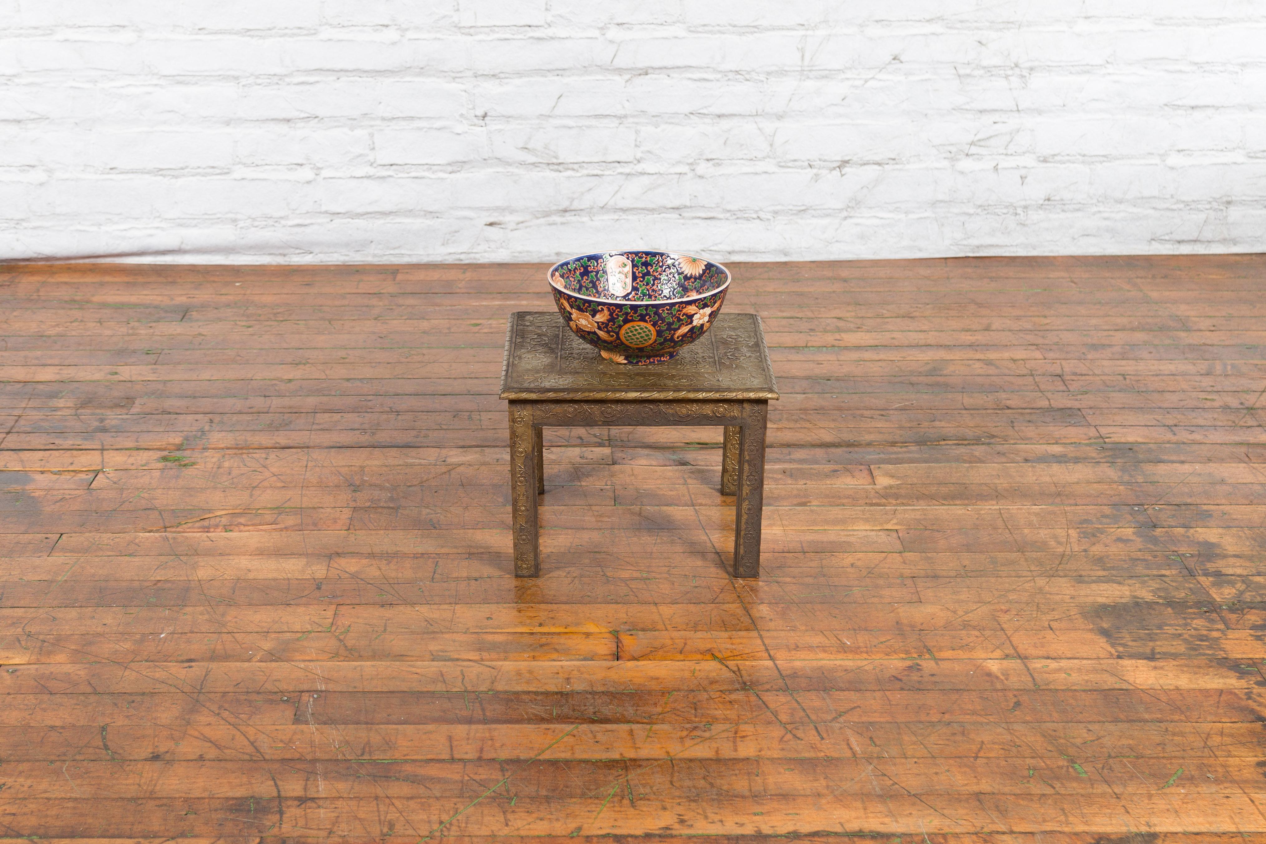 Indian Vintage Square Shaped Side Table with Repoussé Floral Motifs In Good Condition In Yonkers, NY