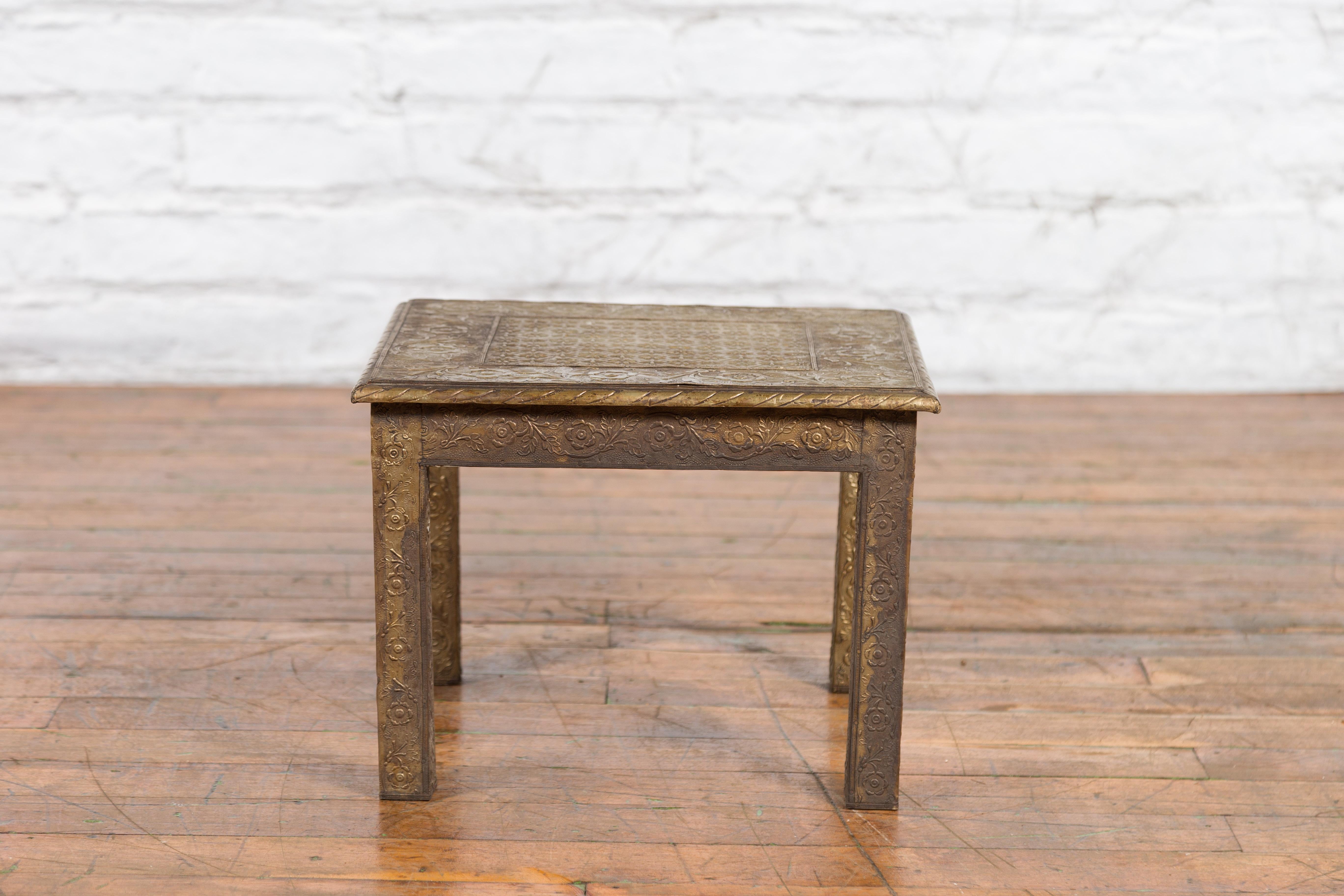 20th Century Indian Vintage Square Shaped Side Table with Repoussé Floral Motifs