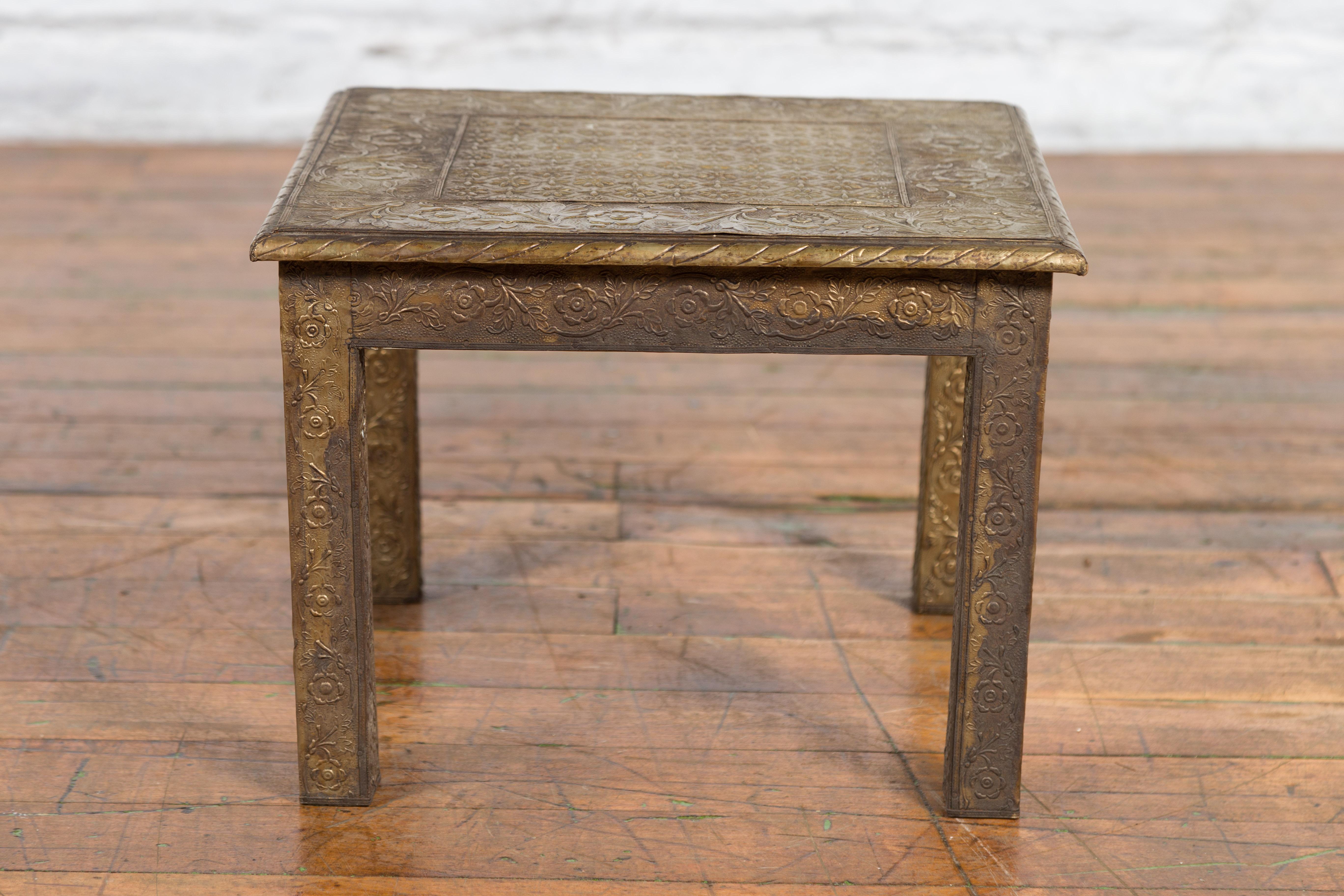 Metal Indian Vintage Square Shaped Side Table with Repoussé Floral Motifs