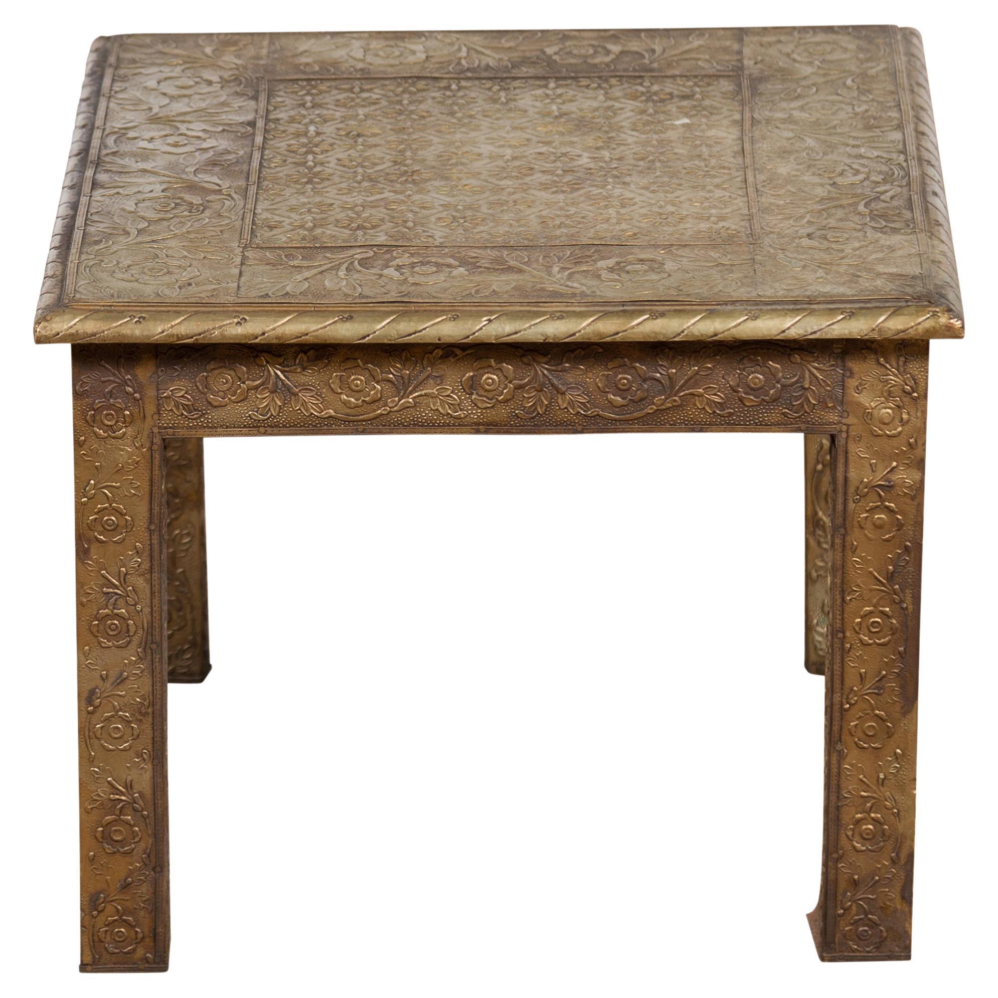 Indian Vintage Square Shaped Side Table with Repoussé Floral Motifs