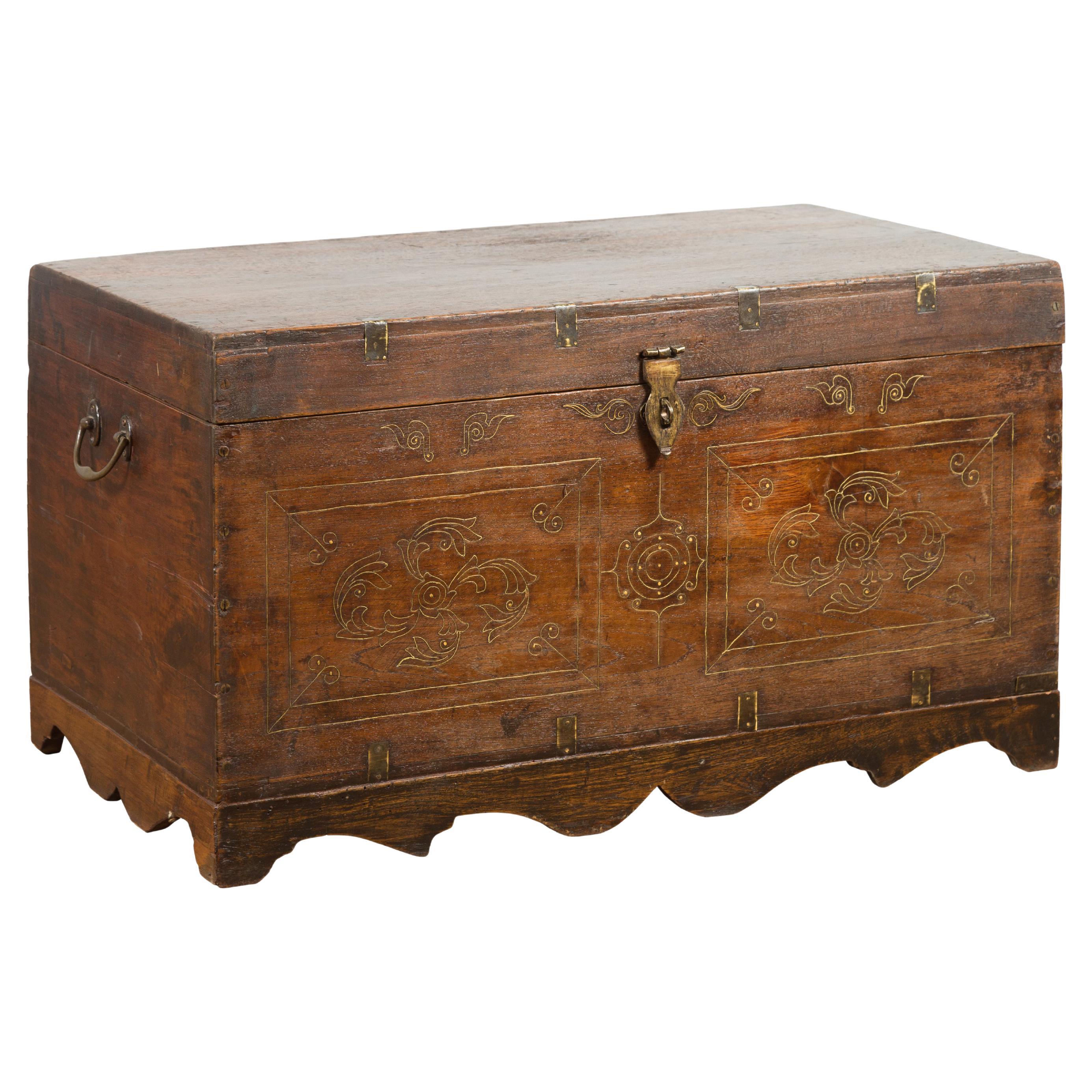 Indian Vintage Wedding Chest with Brass Foliage Décor and Multiple Compartments