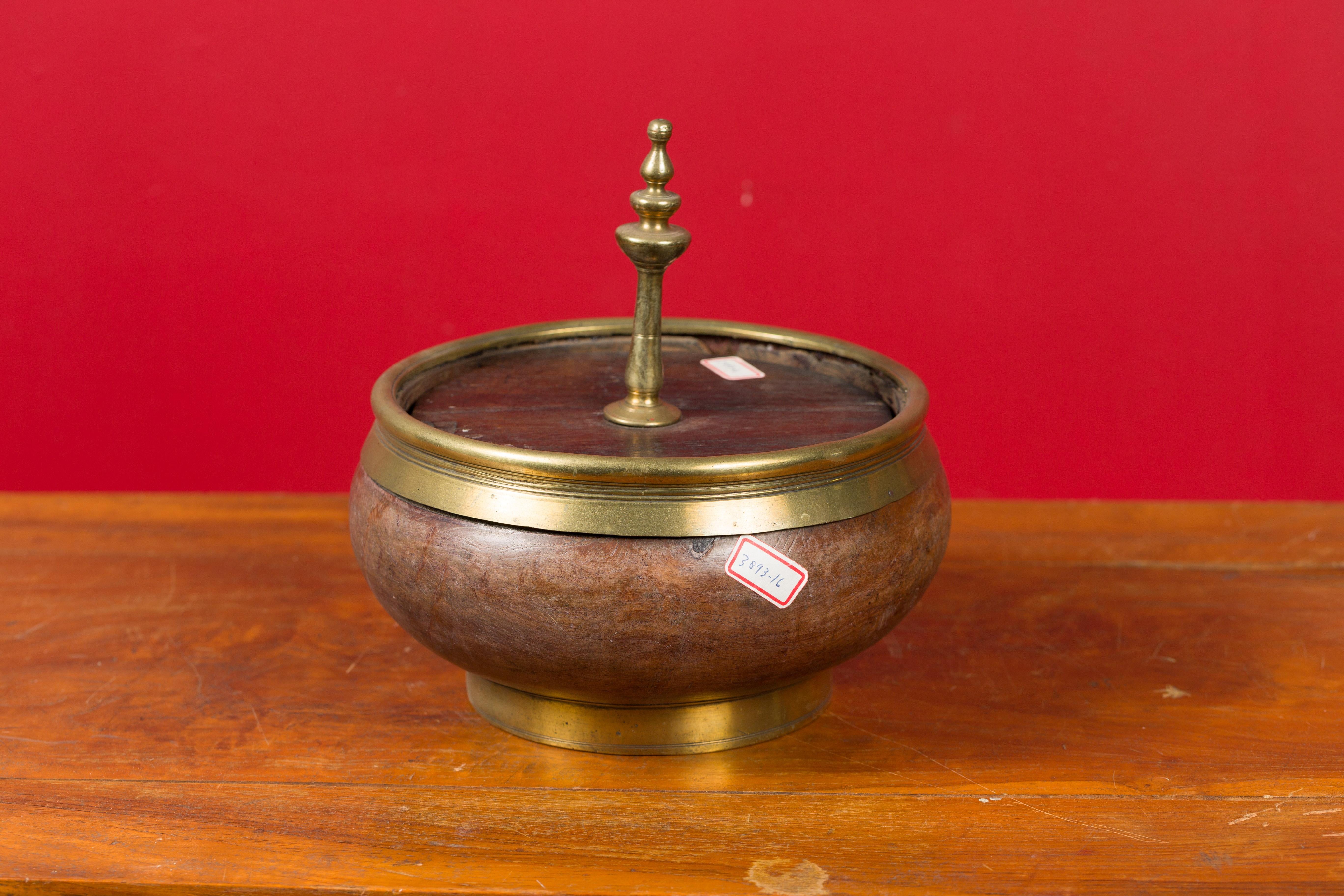 Indian Vintage Wood and Brass Lidded Bowl with Central Finial 5