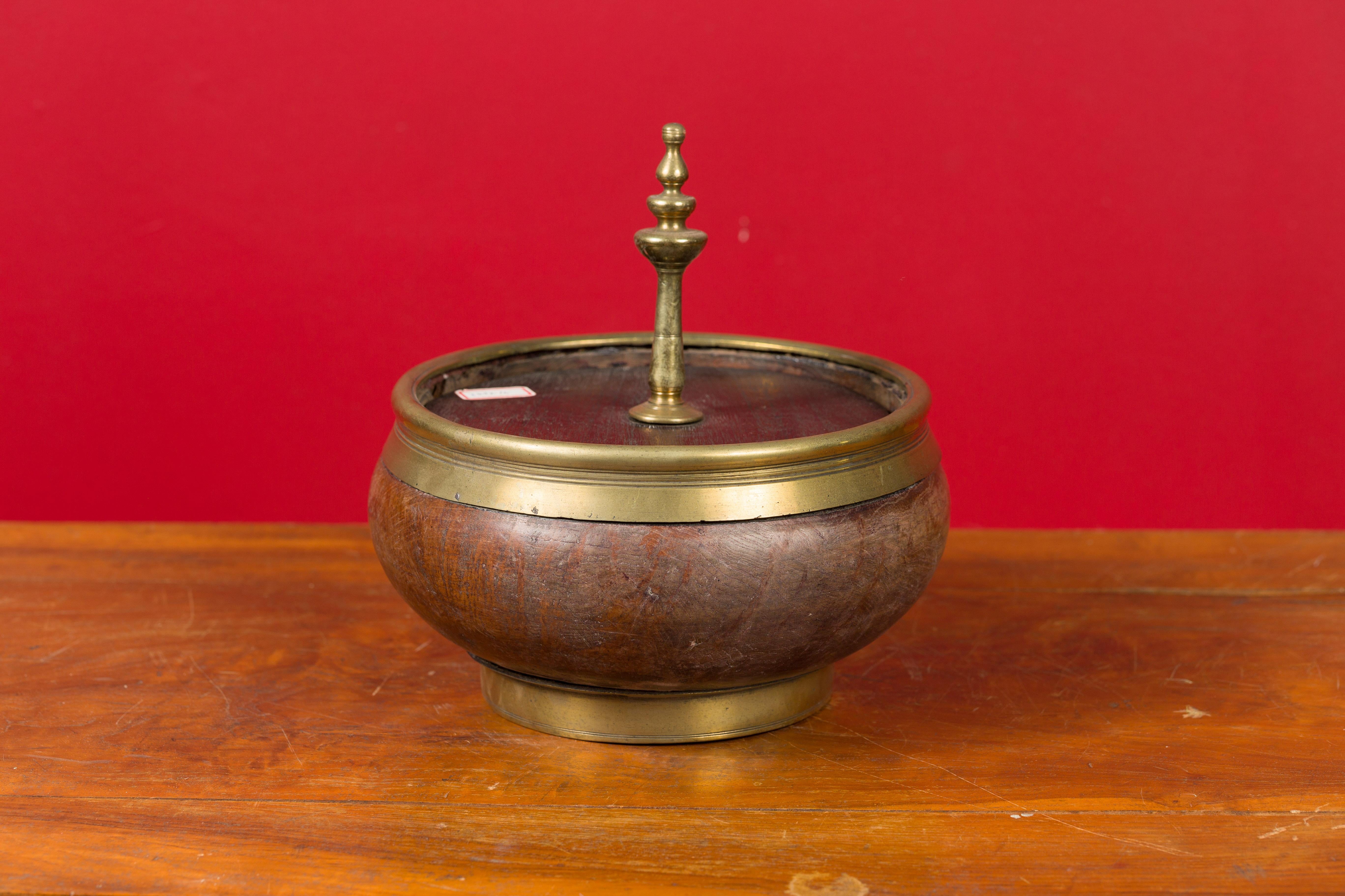 Indian Vintage Wood and Brass Lidded Bowl with Central Finial 6